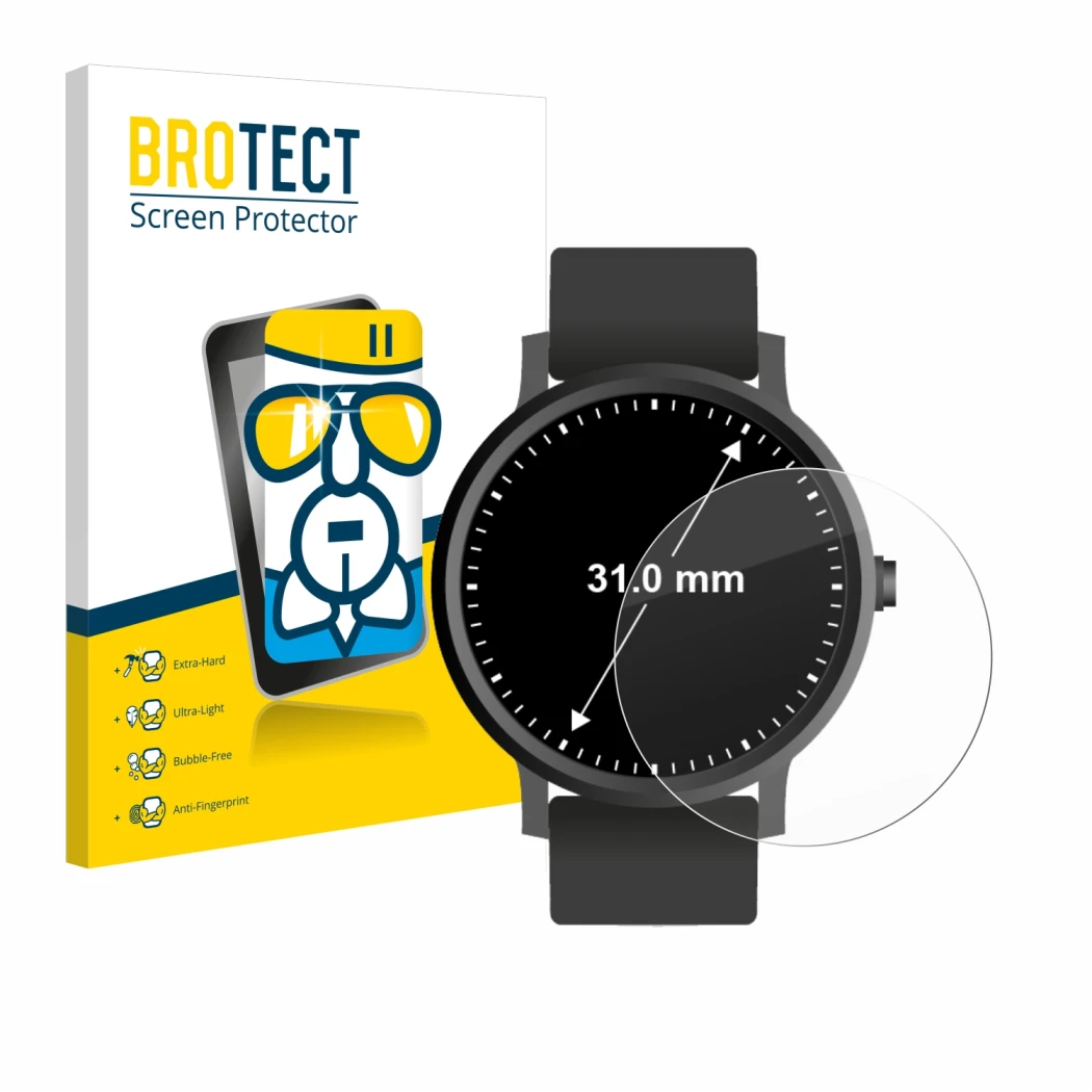 Vorderseite einer Produktverpackung mit dem Markenlogo BROTECT. Daneben ist das Gerät Armbanduhren (Kreisrund, ø: 31 mm) mit d