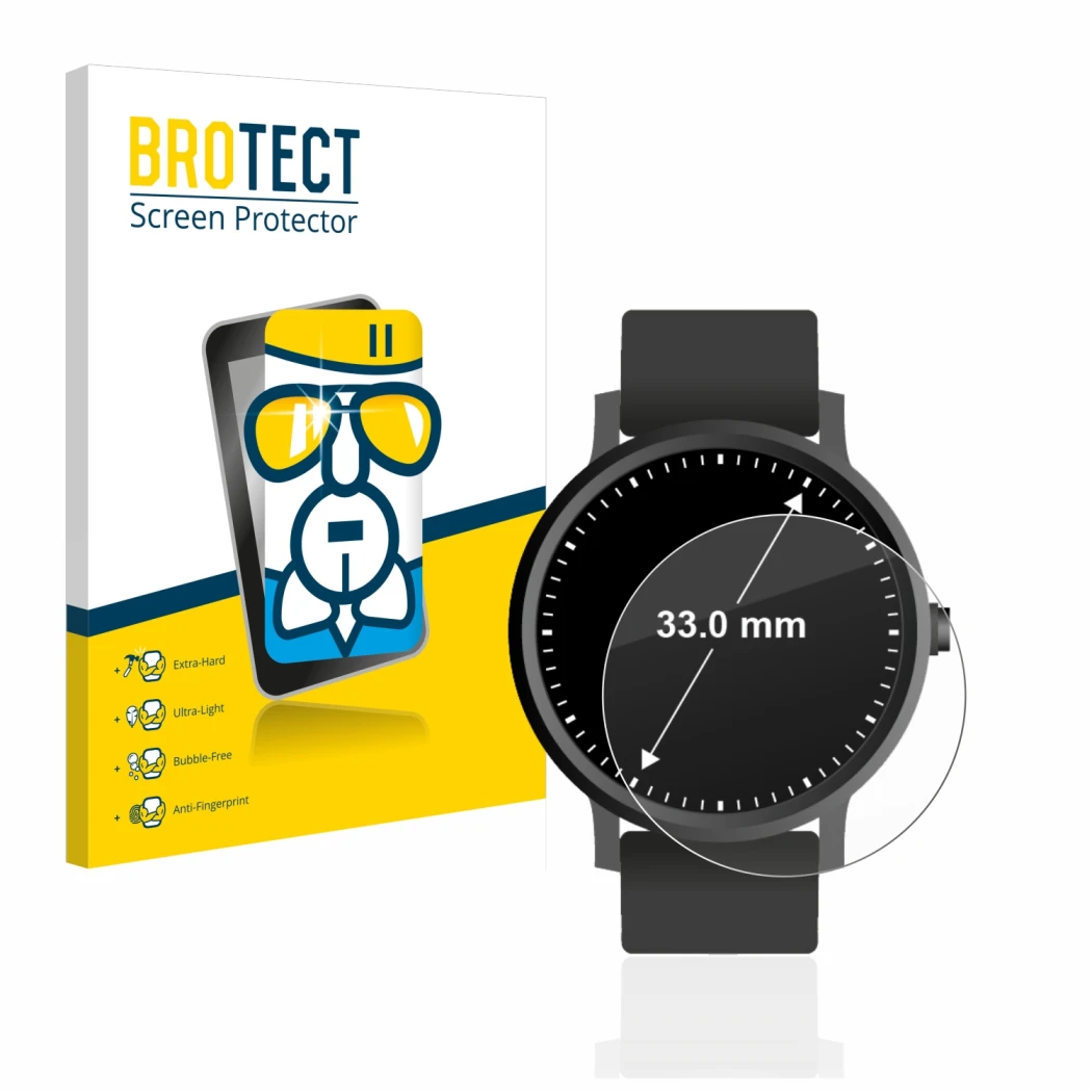 Vorderseite einer Produktverpackung mit dem Markenlogo BROTECT. Daneben ist das Gerät Armbanduhren (Kreisrund, ø: 33 mm) mit d
