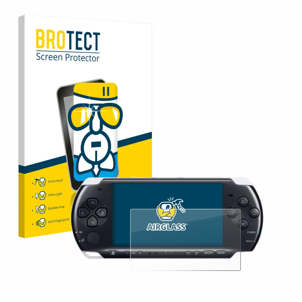 Vorderseite einer Produktverpackung mit dem Markenlogo BROTECT. Daneben ist das Gerät Sony PSP 3000 mit dem zugehörigen Displa