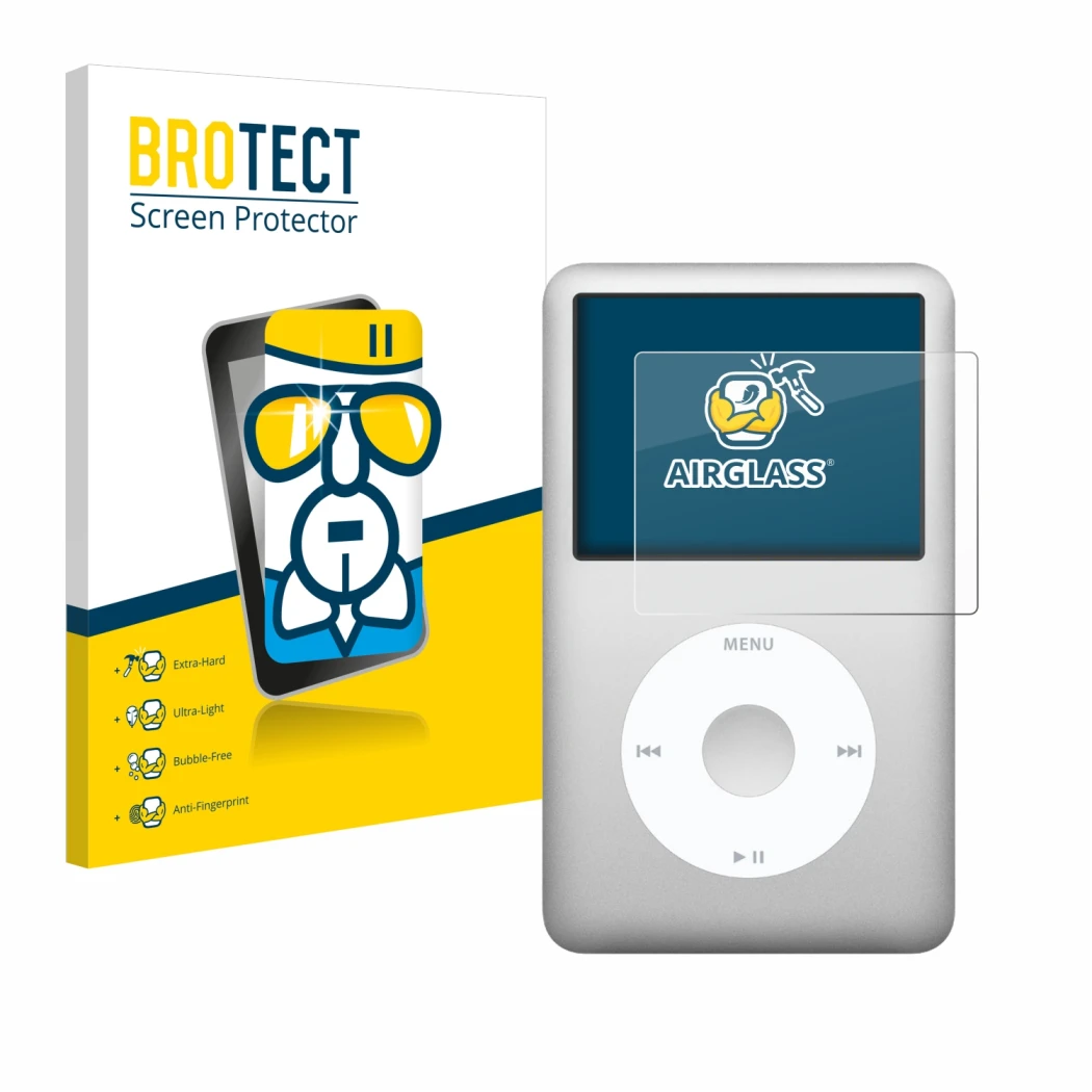 Vorderseite einer Produktverpackung mit dem Markenlogo BROTECT. Daneben ist das Gerät Apple iPod classic 160 GB (7. Gen.) mit 