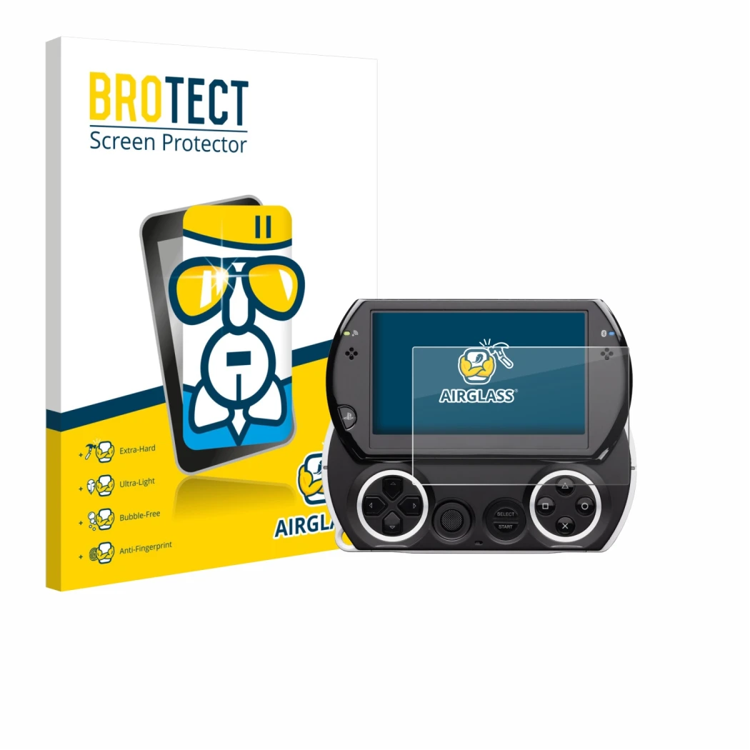 Vorderseite einer Produktverpackung mit dem Markenlogo BROTECT. Daneben ist das Gerät Sony PSP Go mit dem zugehörigen Displays