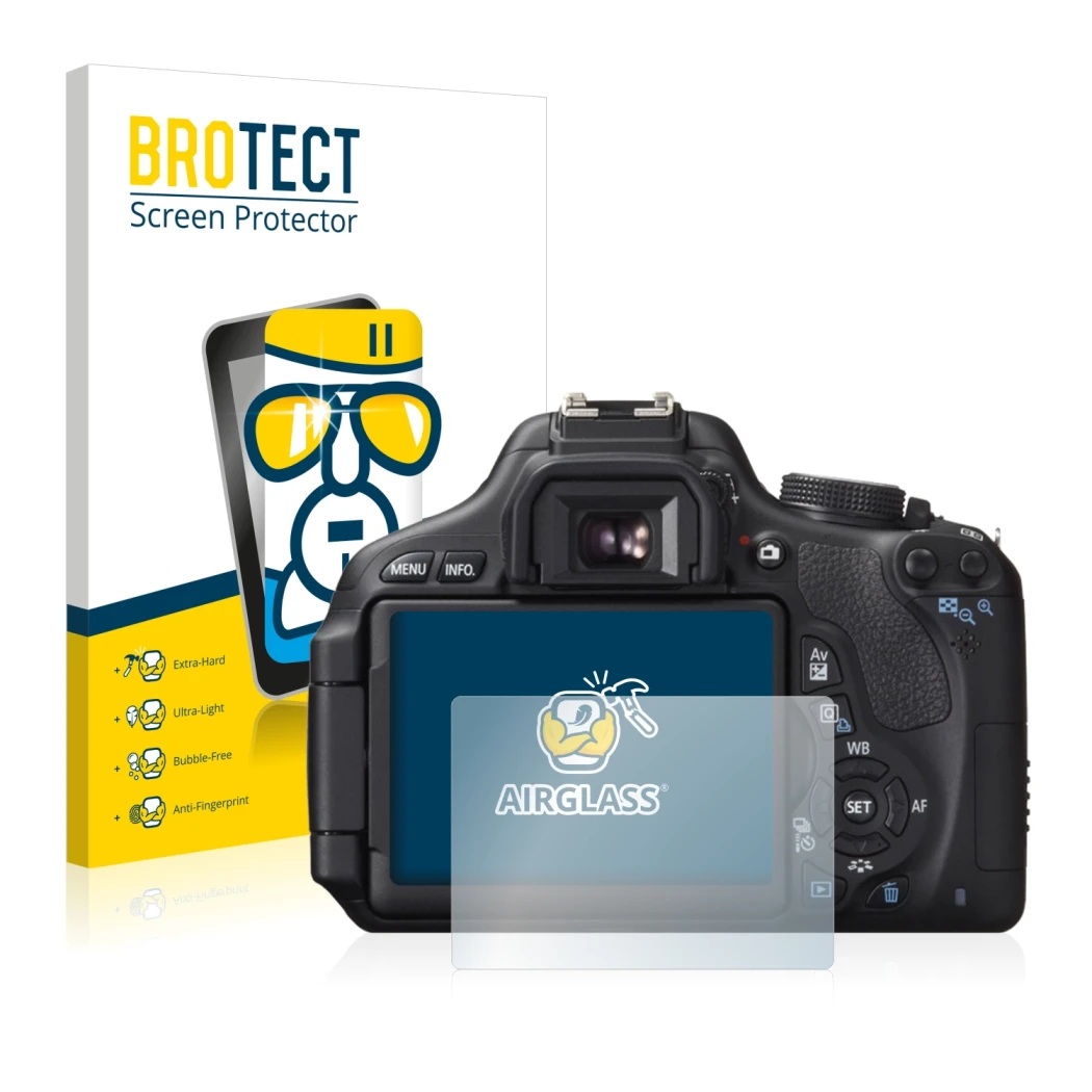 Vorderseite einer Produktverpackung mit dem Markenlogo BROTECT. Daneben ist das Gerät Canon EOS 600D mit dem zugehörigen Displ