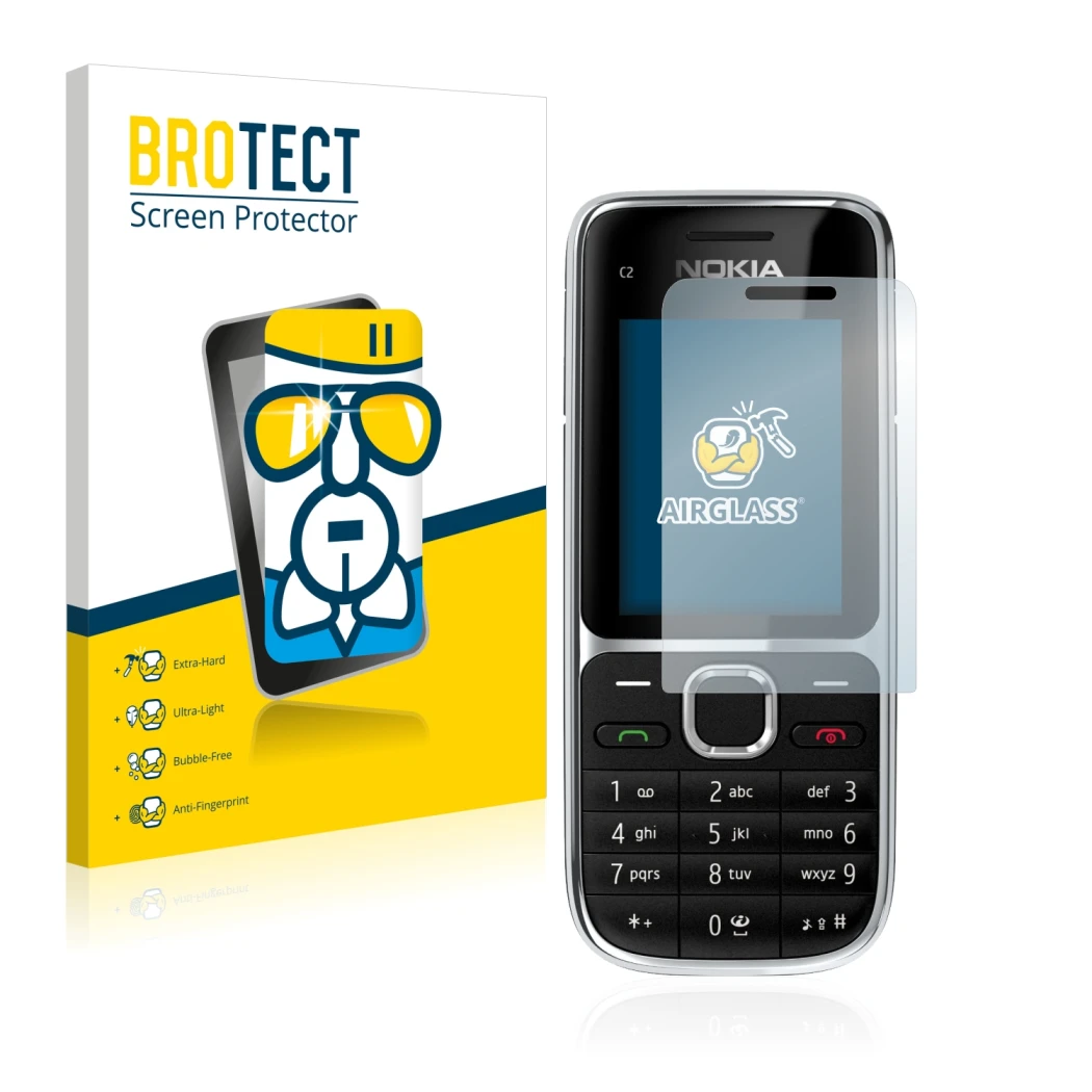 Vorderseite einer Produktverpackung mit dem Markenlogo BROTECT. Daneben ist das Gerät Nokia C2-01 mit dem zugehörigen Displays