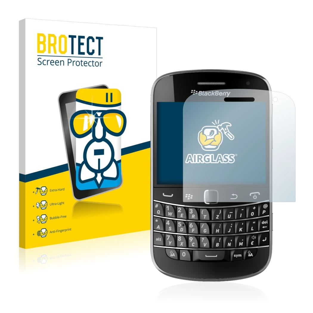 Vorderseite einer Produktverpackung mit dem Markenlogo BROTECT. Daneben ist das Gerät RIM BlackBerry Bold Touch 9900 mit dem z