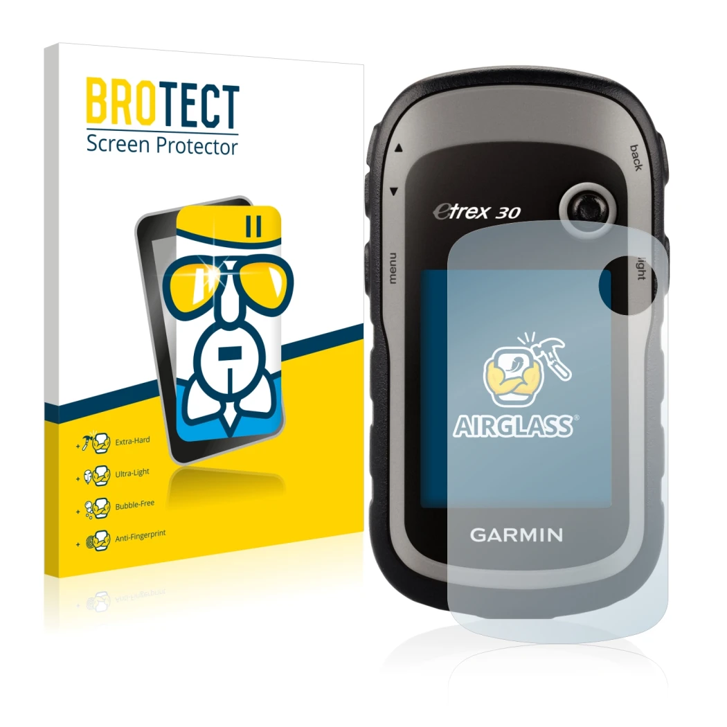 Vorderseite einer Produktverpackung mit dem Markenlogo BROTECT. Daneben ist das Gerät Garmin eTrex 30 mit dem zugehörigen Disp