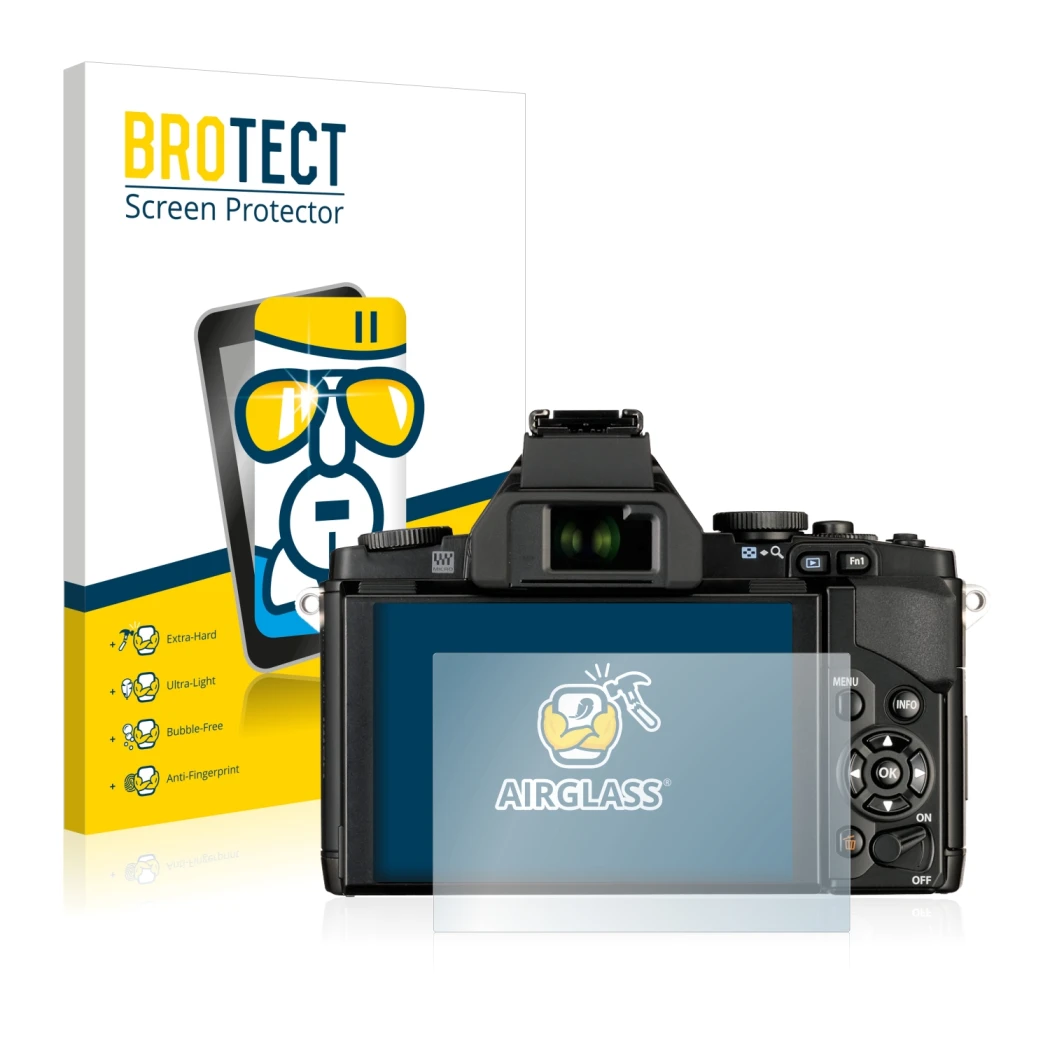 Vorderseite einer Produktverpackung mit dem Markenlogo BROTECT. Daneben ist das Gerät Olympus OM-D E-M5 mit dem zugehörigen Di
