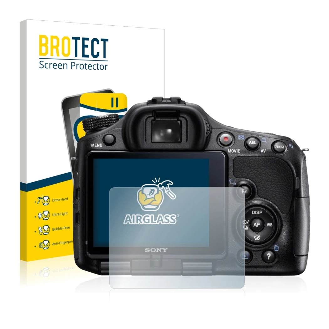 Vorderseite einer Produktverpackung mit dem Markenlogo BROTECT. Daneben ist das Gerät Sony Alpha 57 (SLT-A57) mit dem zugehöri