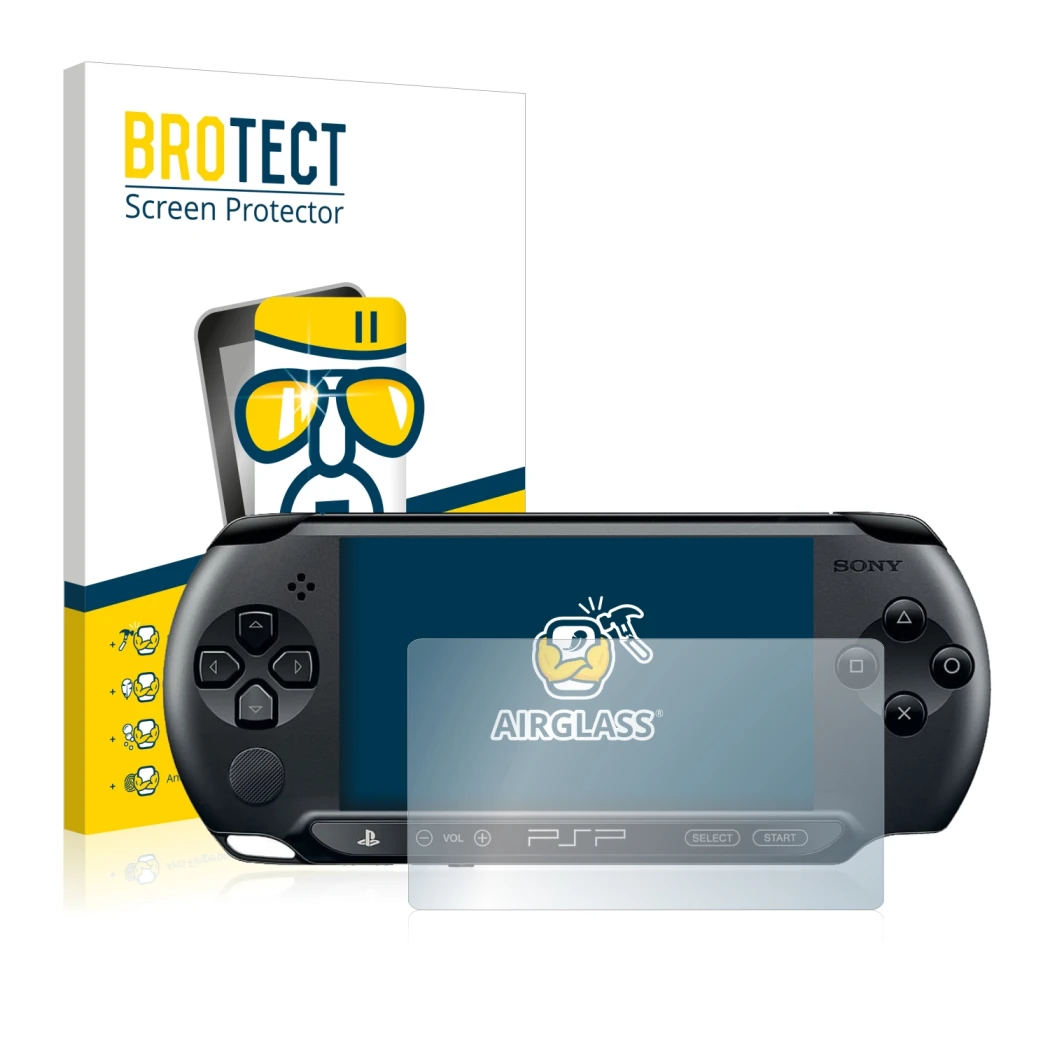 Vorderseite einer Produktverpackung mit dem Markenlogo BROTECT. Daneben ist das Gerät Sony PSP 1004 mit dem zugehörigen Displa
