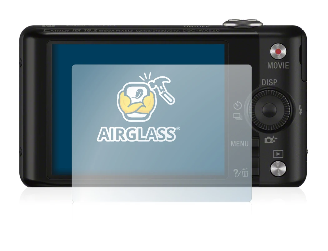 Abbildung des Geräts Sony Cyber-Shot DSC-WX220 mit einer Vielzahl des Displayschutzes.