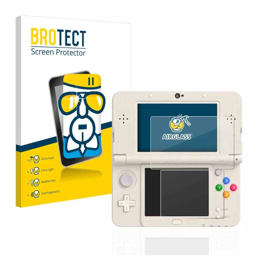 Vorderseite einer Produktverpackung mit dem Markenlogo BROTECT. Daneben ist das Gerät Nintendo New 3DS mit dem zugehörigen Dis