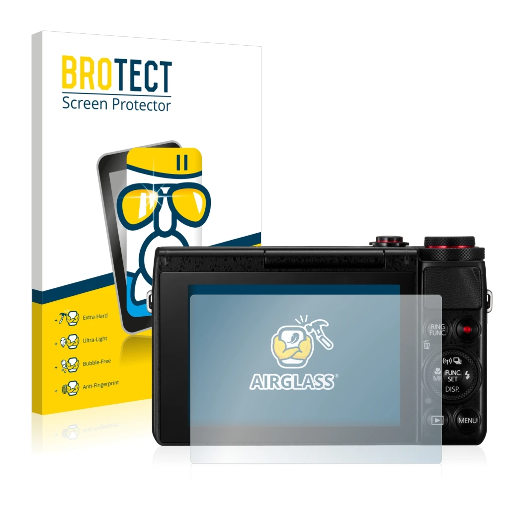 Vorderseite einer Produktverpackung mit dem Markenlogo BROTECT. Daneben ist das Gerät Canon PowerShot G7 X G7X mit dem zugehör