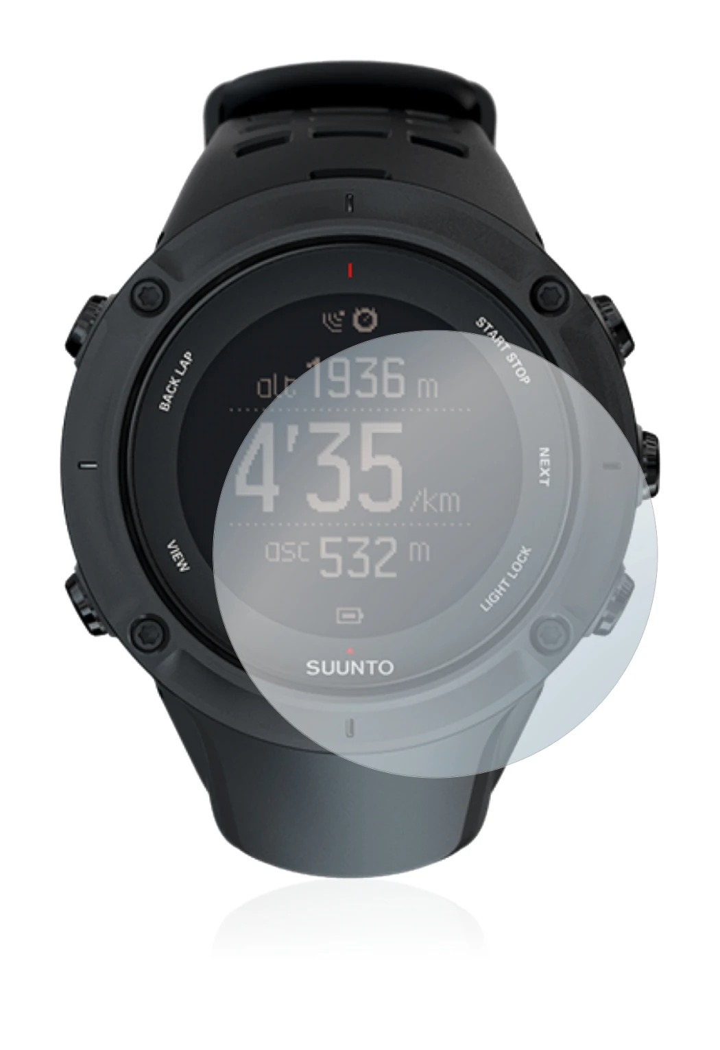 Abbildung des Geräts Suunto Ambit3 Peak Black mit einer Vielzahl des Displayschutzes.