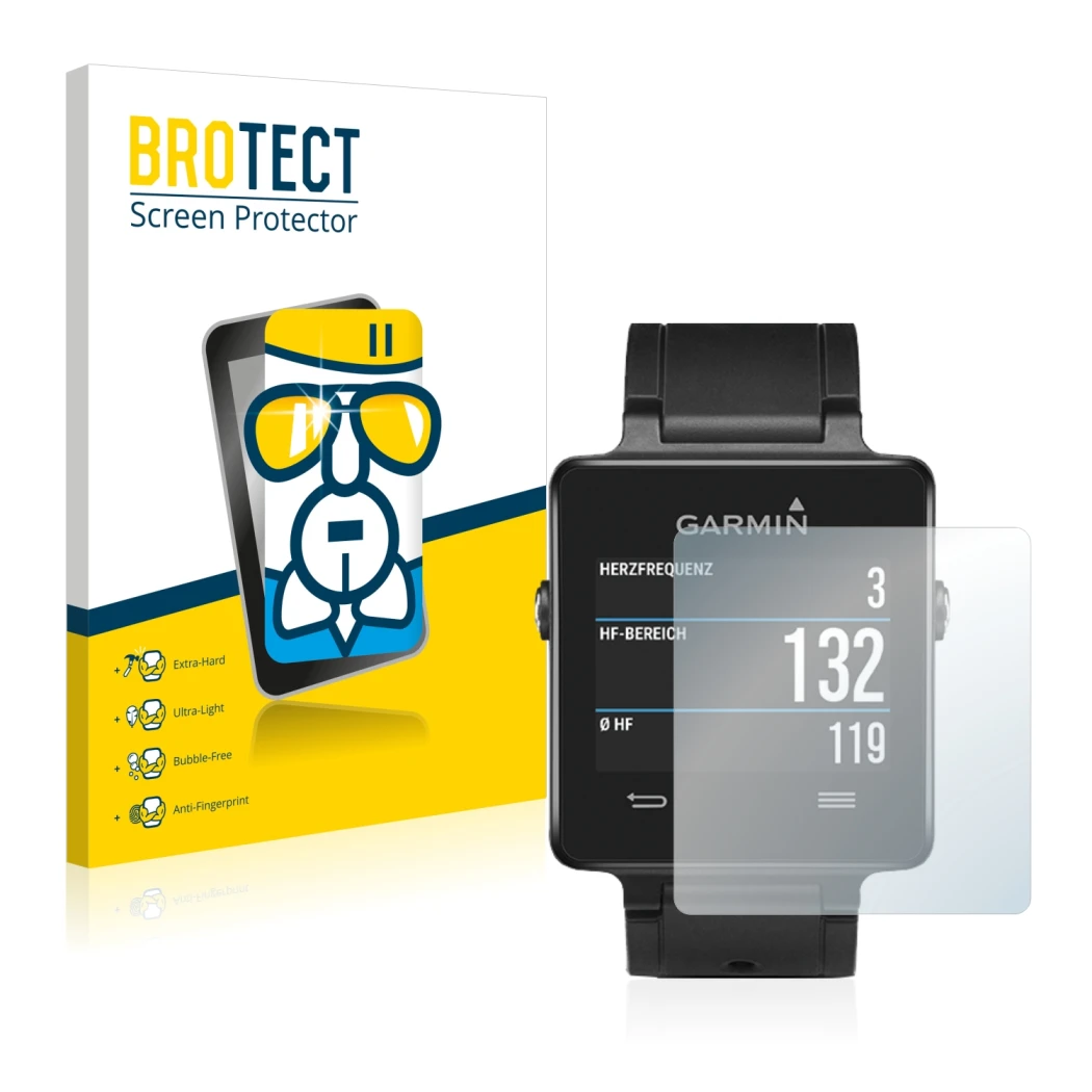 Vorderseite einer Produktverpackung mit dem Markenlogo BROTECT. Daneben ist das Gerät Garmin vivoactive mit dem zugehörigen Di