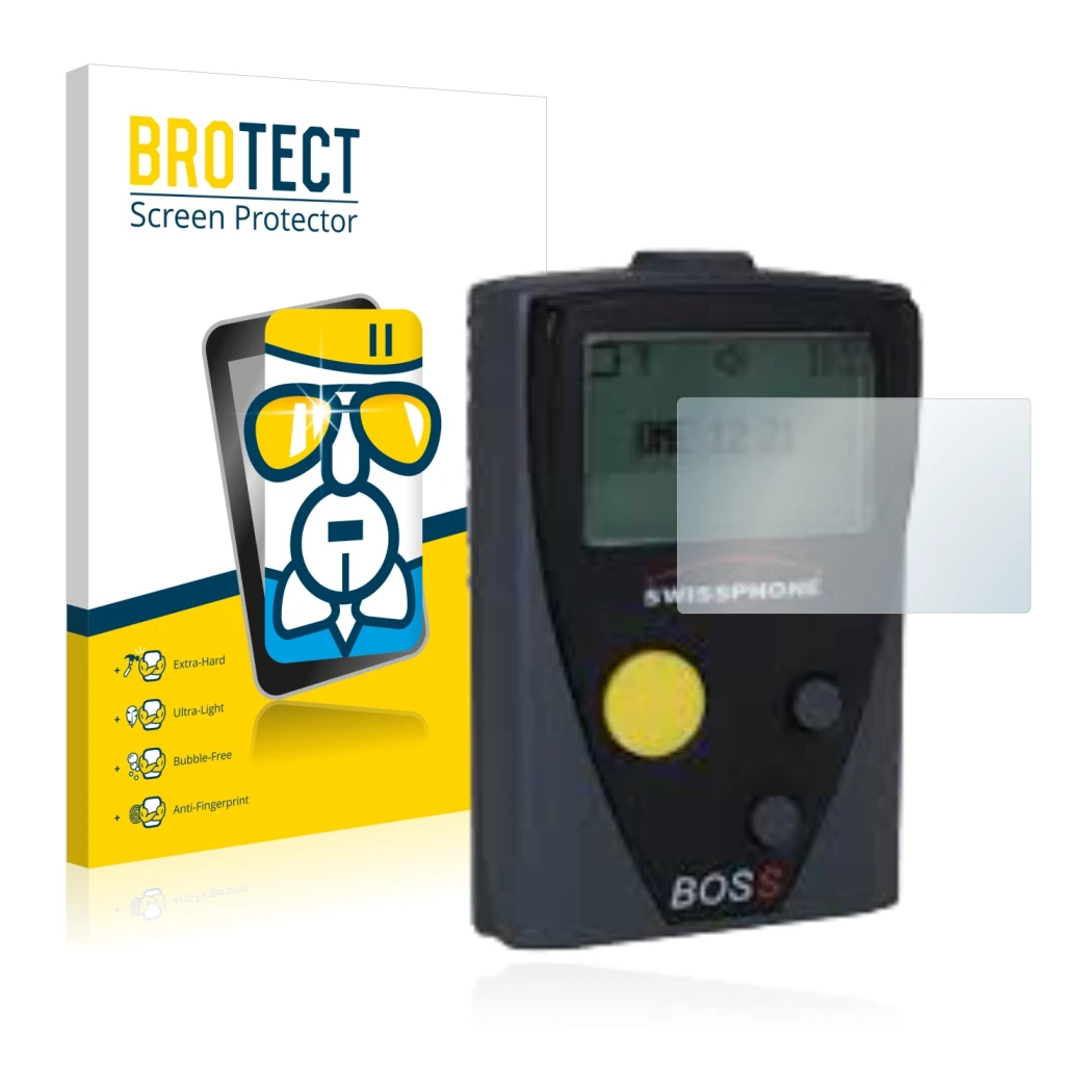 Vorderseite einer Produktverpackung mit dem Markenlogo BROTECT. Daneben ist das Gerät Swissphone Boss 910 mit dem zugehörigen 