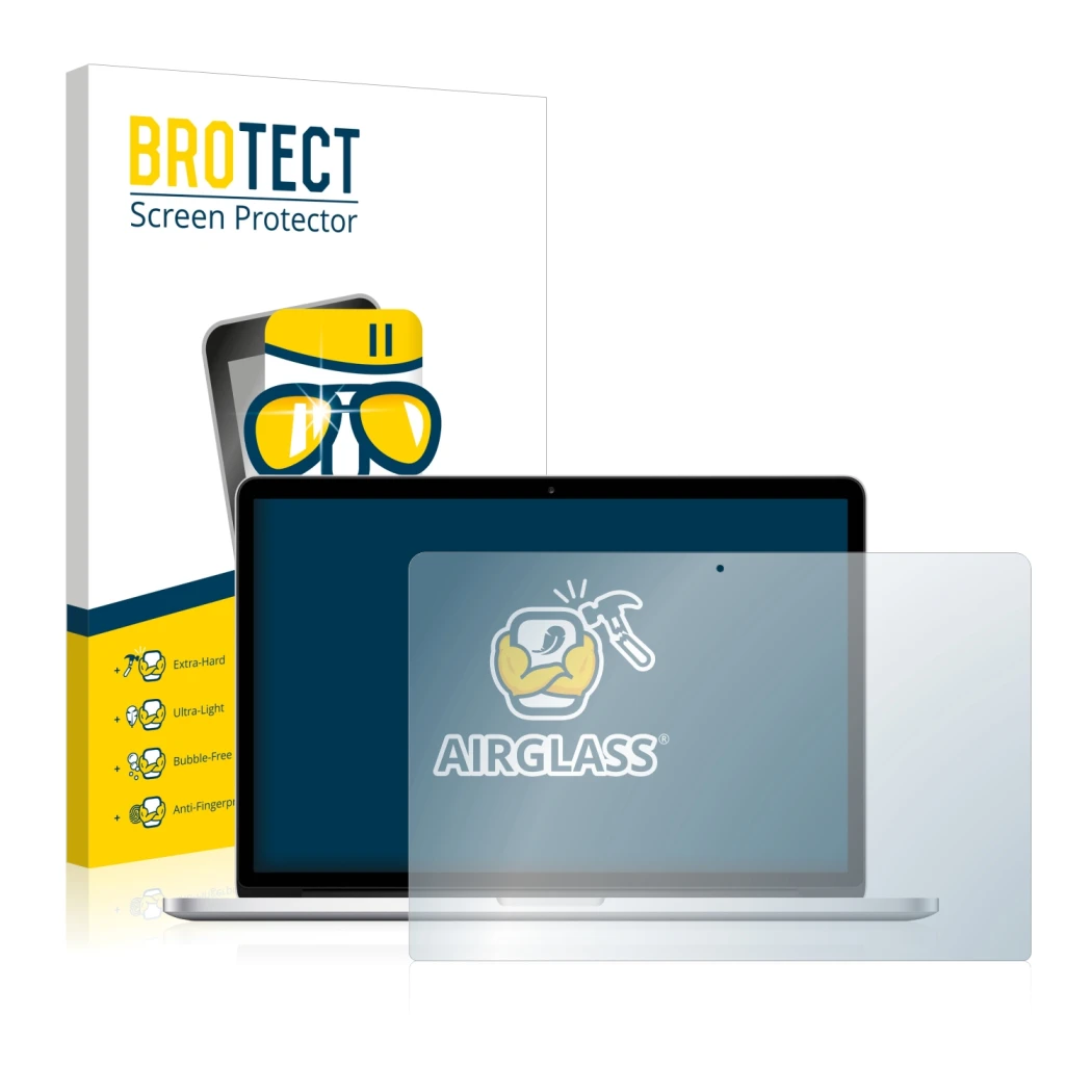 Vorderseite einer Produktverpackung mit dem Markenlogo BROTECT. Daneben ist das Gerät Apple MacBook Pro Retina 15