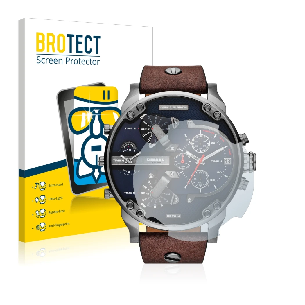 Vorderseite einer Produktverpackung mit dem Markenlogo BROTECT. Daneben ist das Gerät Diesel DZ7314 Mr. Daddy mit dem zugehöri