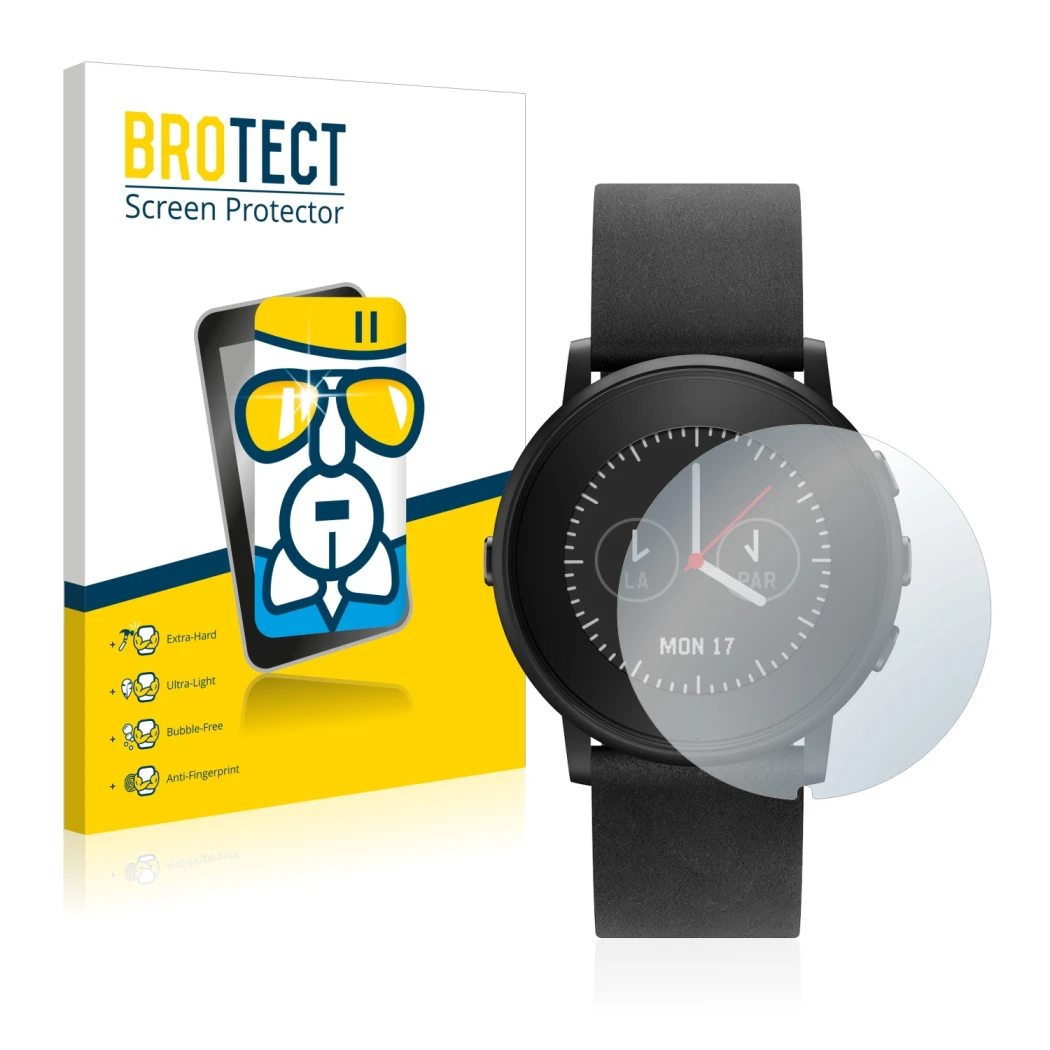 Vorderseite einer Produktverpackung mit dem Markenlogo BROTECT. Daneben ist das Gerät Pebble Time Round mit dem zugehörigen Di