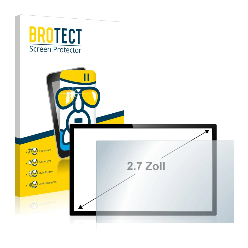 Vorderseite einer Produktverpackung mit dem Markenlogo BROTECT. Daneben ist das Gerät mit dem zugehörigen Displayschutz abgebi