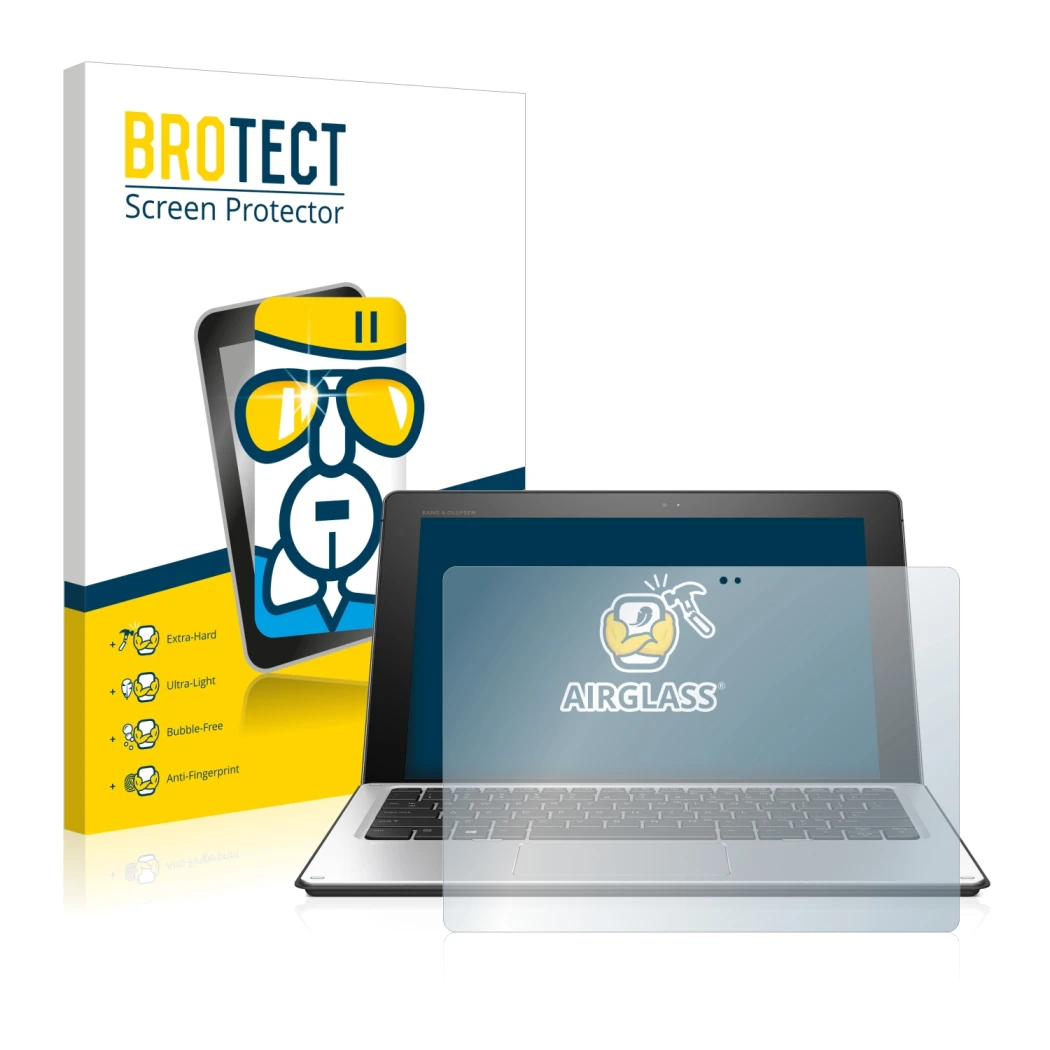 Vorderseite einer Produktverpackung mit dem Markenlogo BROTECT. Daneben ist das Gerät HP Elite x2 1012 G1 mit dem zugehörigen 