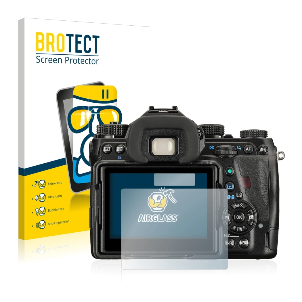 Vorderseite einer Produktverpackung mit dem Markenlogo BROTECT. Daneben ist das Gerät Pentax K-1 mit dem zugehörigen Displaysc
