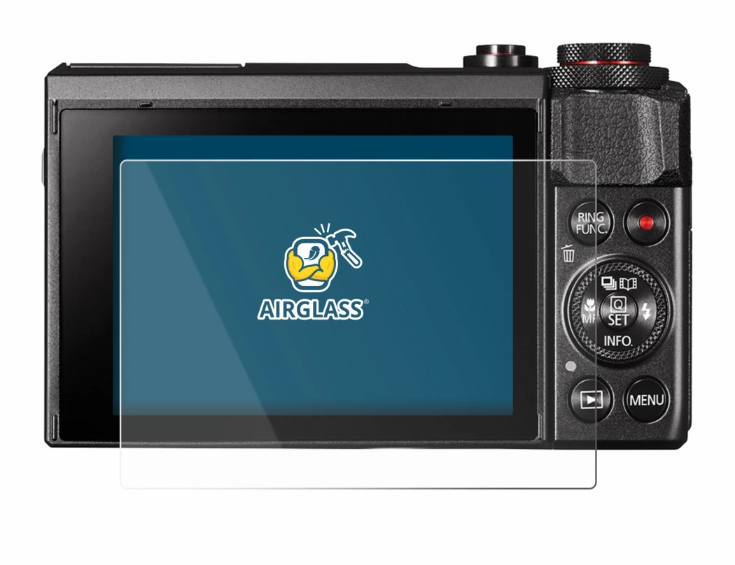 Abbildung des Geräts Canon PowerShot G7 X Mark II mit einer Vielzahl des Displayschutzes.
