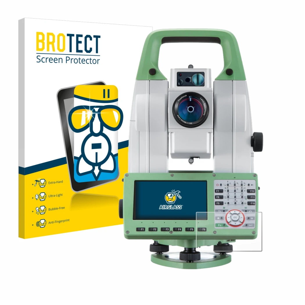 Vorderseite einer Produktverpackung mit dem Markenlogo BROTECT. Daneben ist das Gerät Leica Viva TS16 mit dem zugehörigen Disp