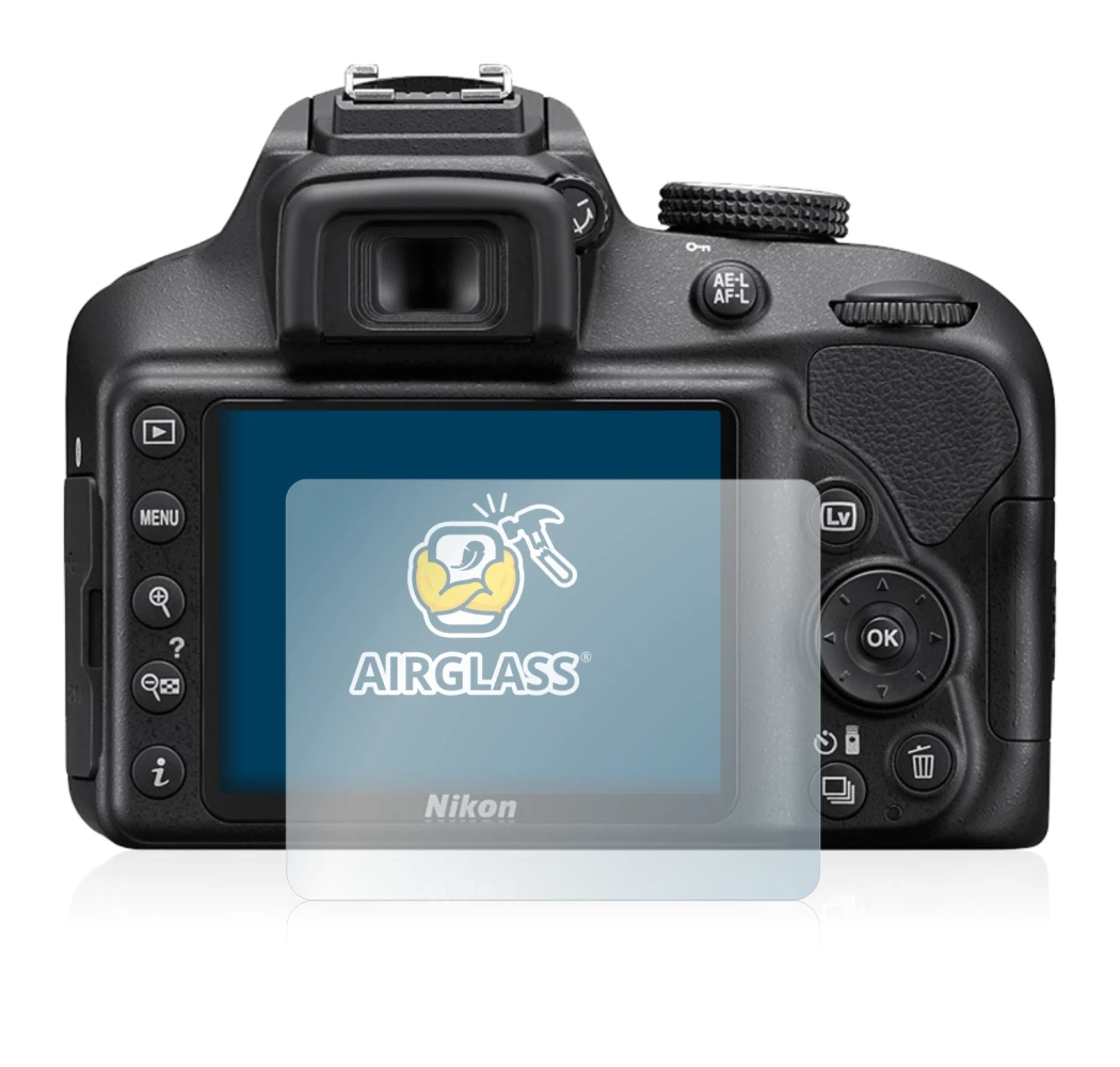 Abbildung des Geräts Nikon D3400 mit einer Vielzahl des Displayschutzes.