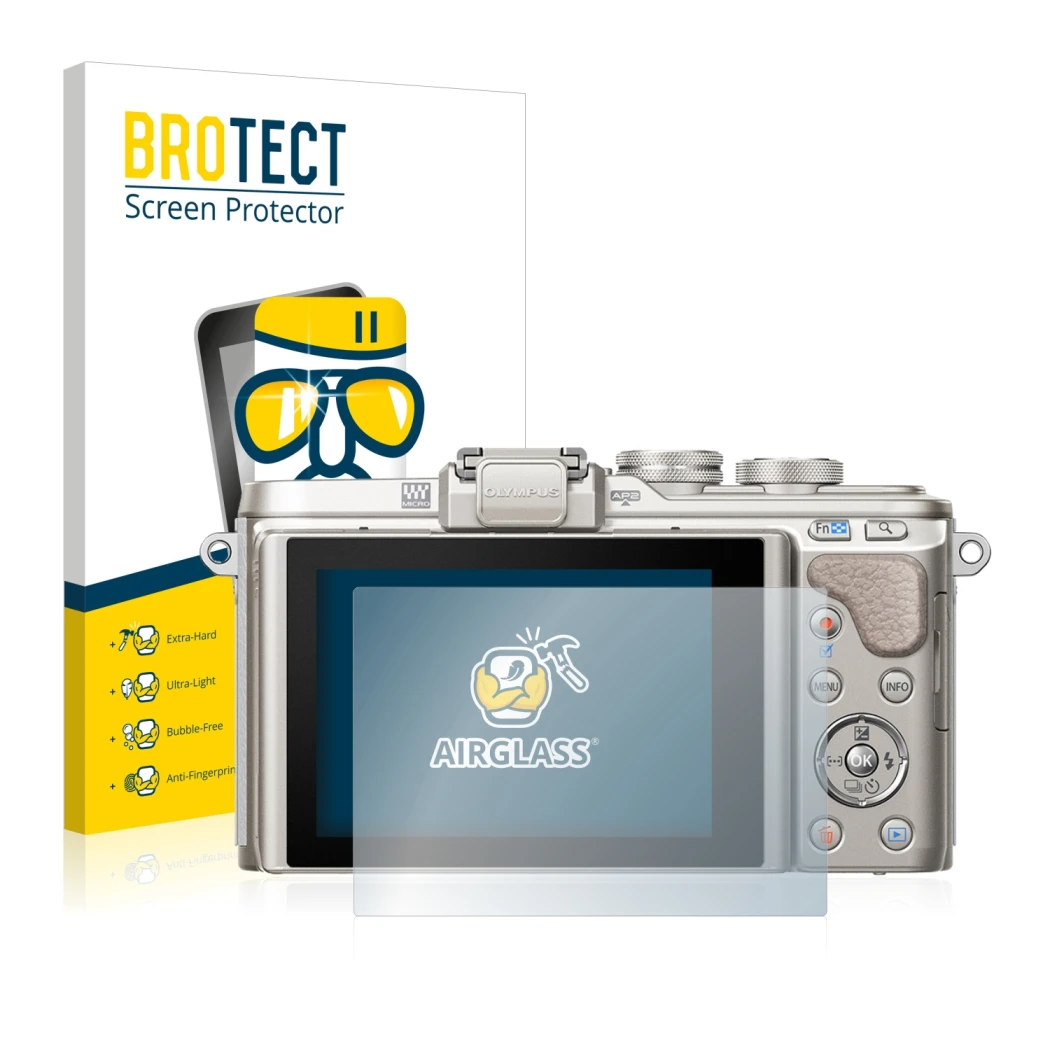 Vorderseite einer Produktverpackung mit dem Markenlogo BROTECT. Daneben ist das Gerät Olympus PEN E-PL8 mit dem zugehörigen Di