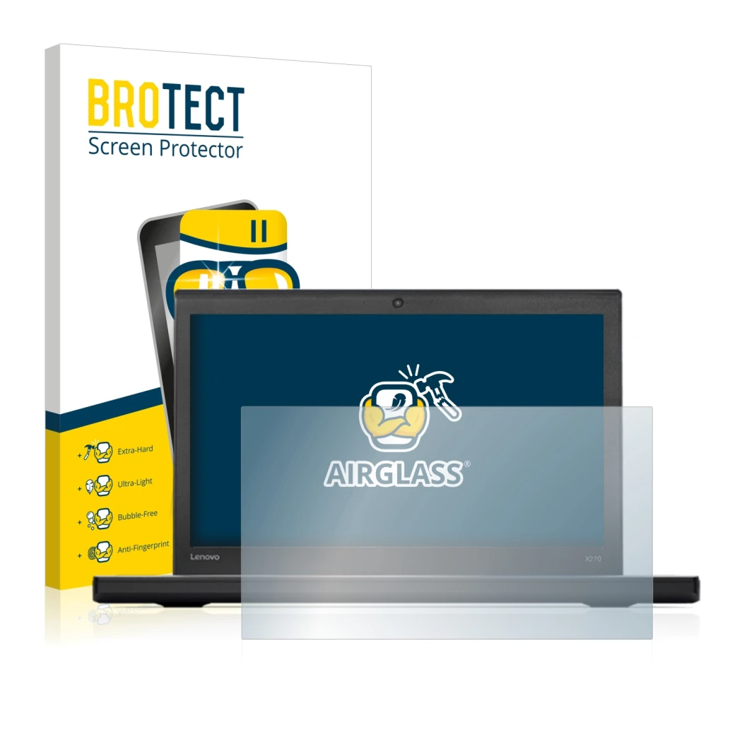 Vorderseite einer Produktverpackung mit dem Markenlogo BROTECT. Daneben ist das Gerät Lenovo ThinkPad X270 mit dem zugehörigen