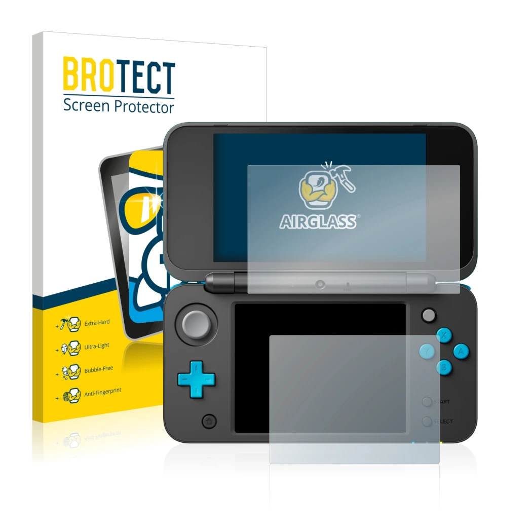 Vorderseite einer Produktverpackung mit dem Markenlogo BROTECT. Daneben ist das Gerät Nintendo 2DS XL mit dem zugehörigen Disp