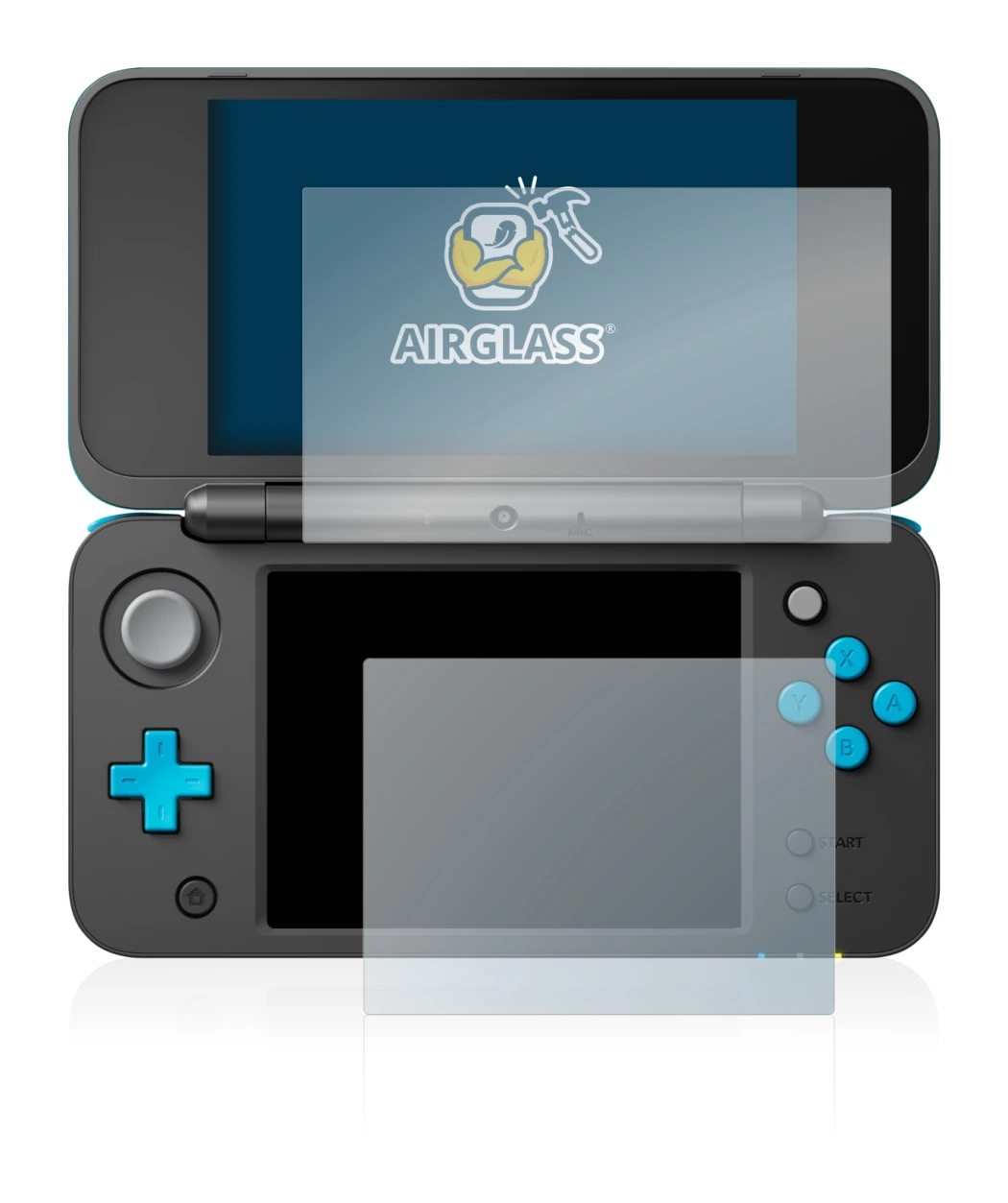 Abbildung des Geräts Nintendo 2DS XL mit einer Vielzahl des Displayschutzes.