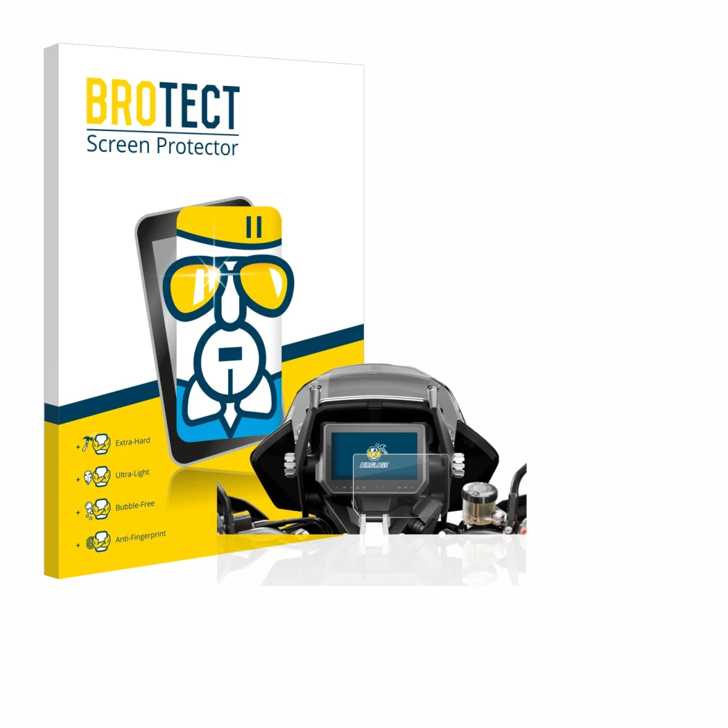 Vorderseite einer Produktverpackung mit dem Markenlogo BROTECT. Daneben ist das Gerät KTM 1290 Super Adventure S 2017 Tachoanz