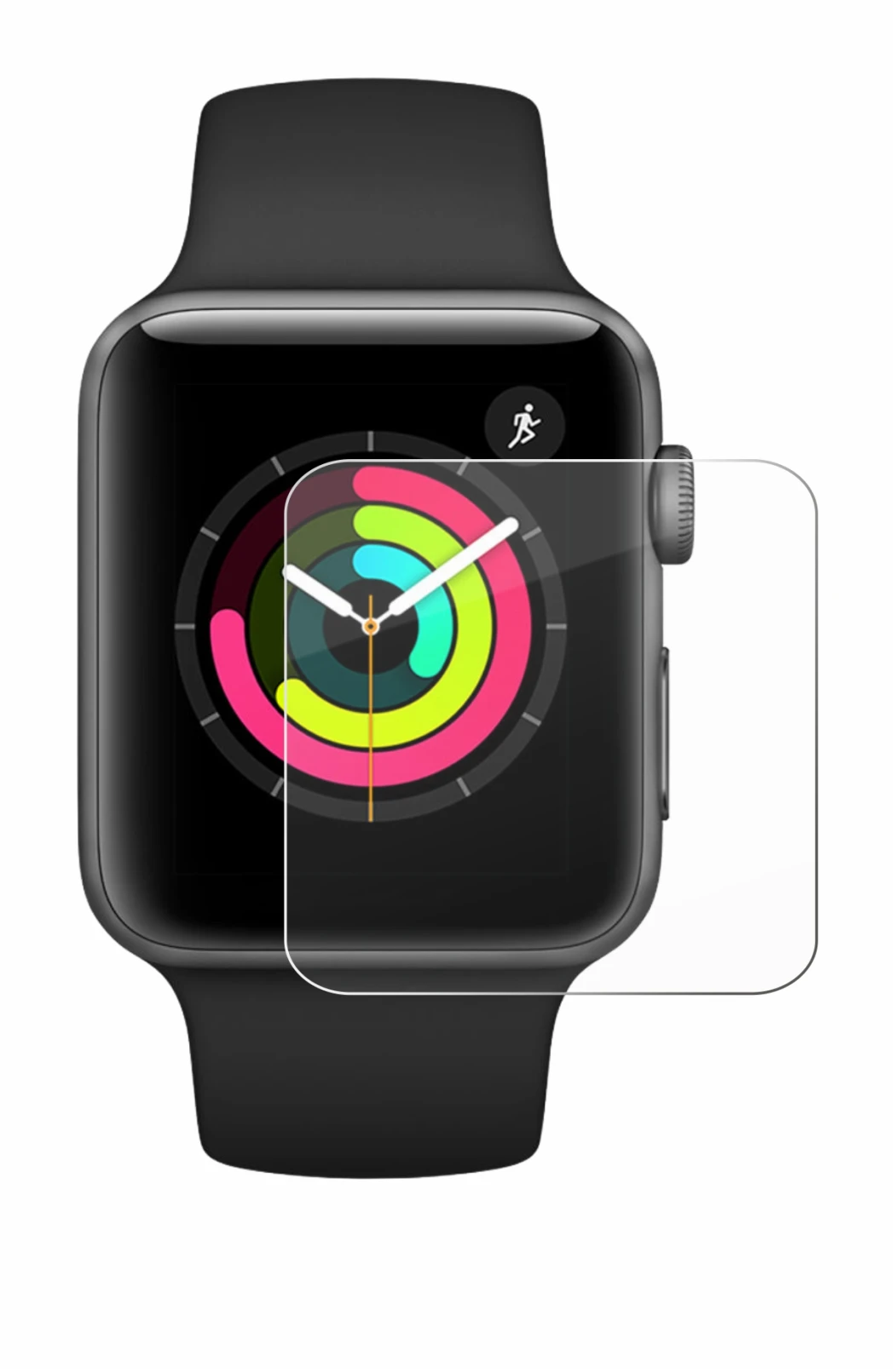 Abbildung des Geräts Apple Watch Series 3 (42 mm) mit einer Vielzahl des Displayschutzes.