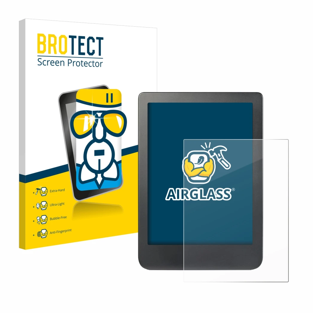 Vorderseite einer Produktverpackung mit dem Markenlogo BROTECT. Daneben ist das Gerät Kobo Clara HD (6