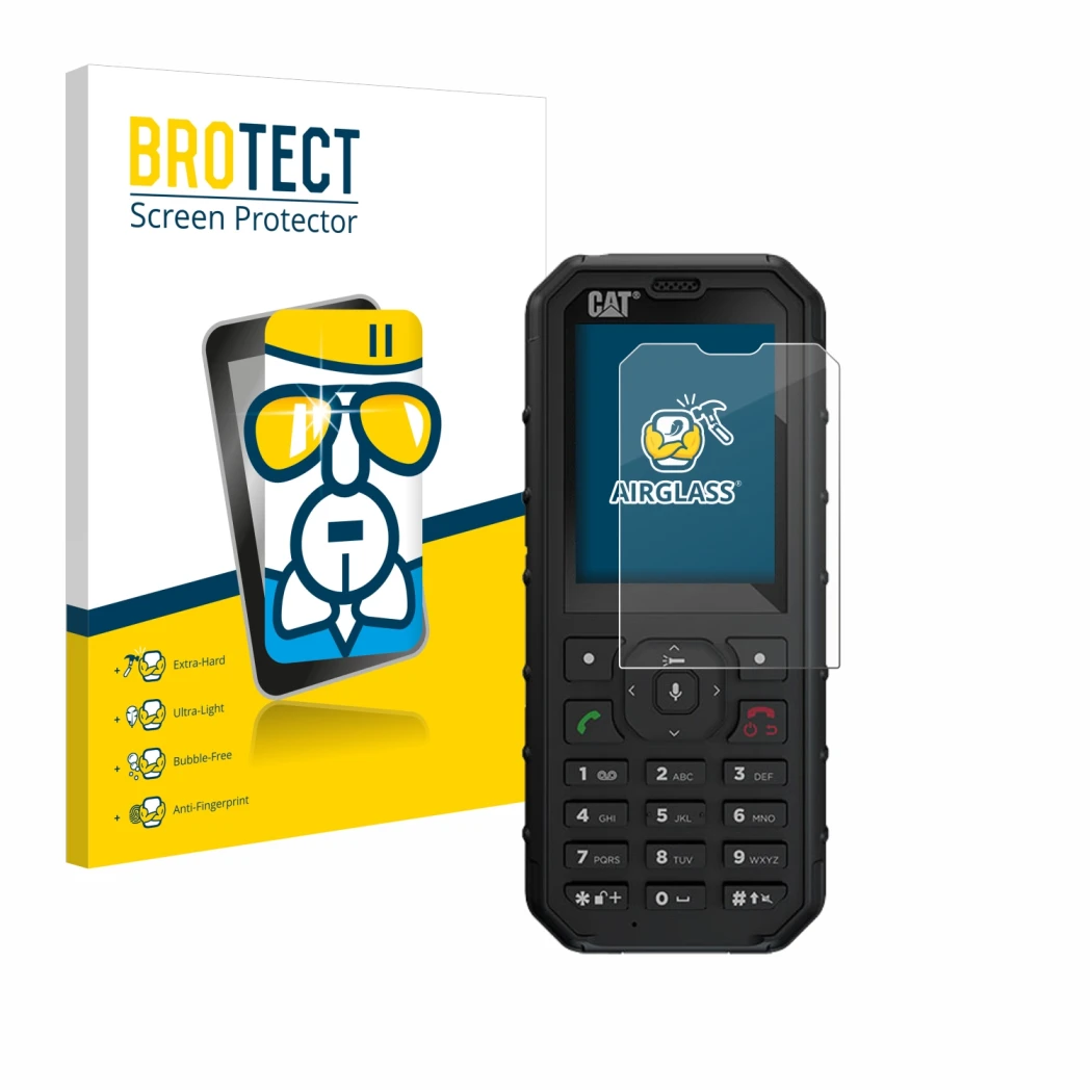 Vorderseite einer Produktverpackung mit dem Markenlogo BROTECT. Daneben ist das Gerät Caterpillar Cat B35 mit dem zugehörigen 