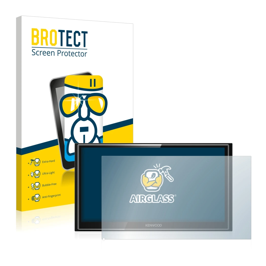 Vorderseite einer Produktverpackung mit dem Markenlogo BROTECT. Daneben ist das Gerät Kenwood DMX7018DABS mit dem zugehörigen 