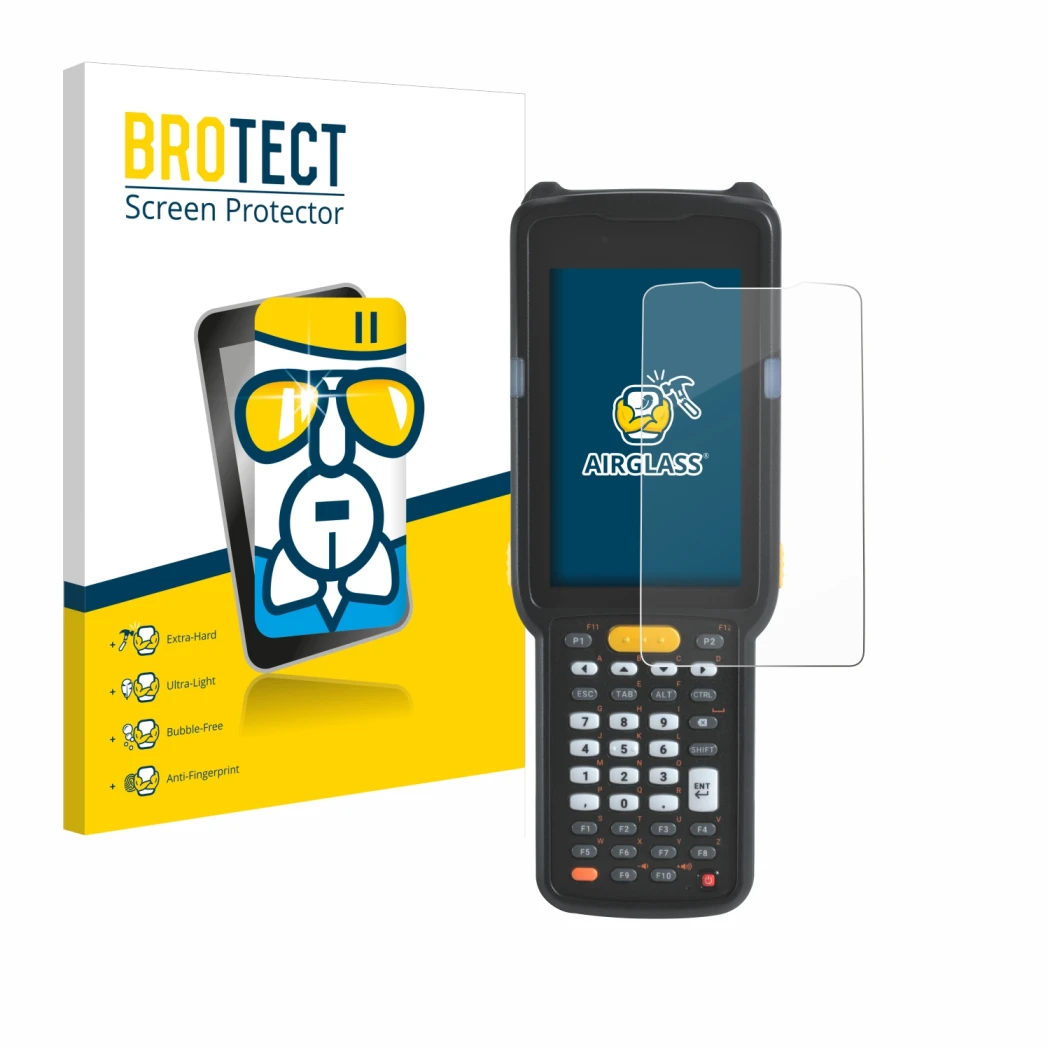 Vorderseite einer Produktverpackung mit dem Markenlogo BROTECT. Daneben ist das Gerät Zebra MC330 mit dem zugehörigen Displays