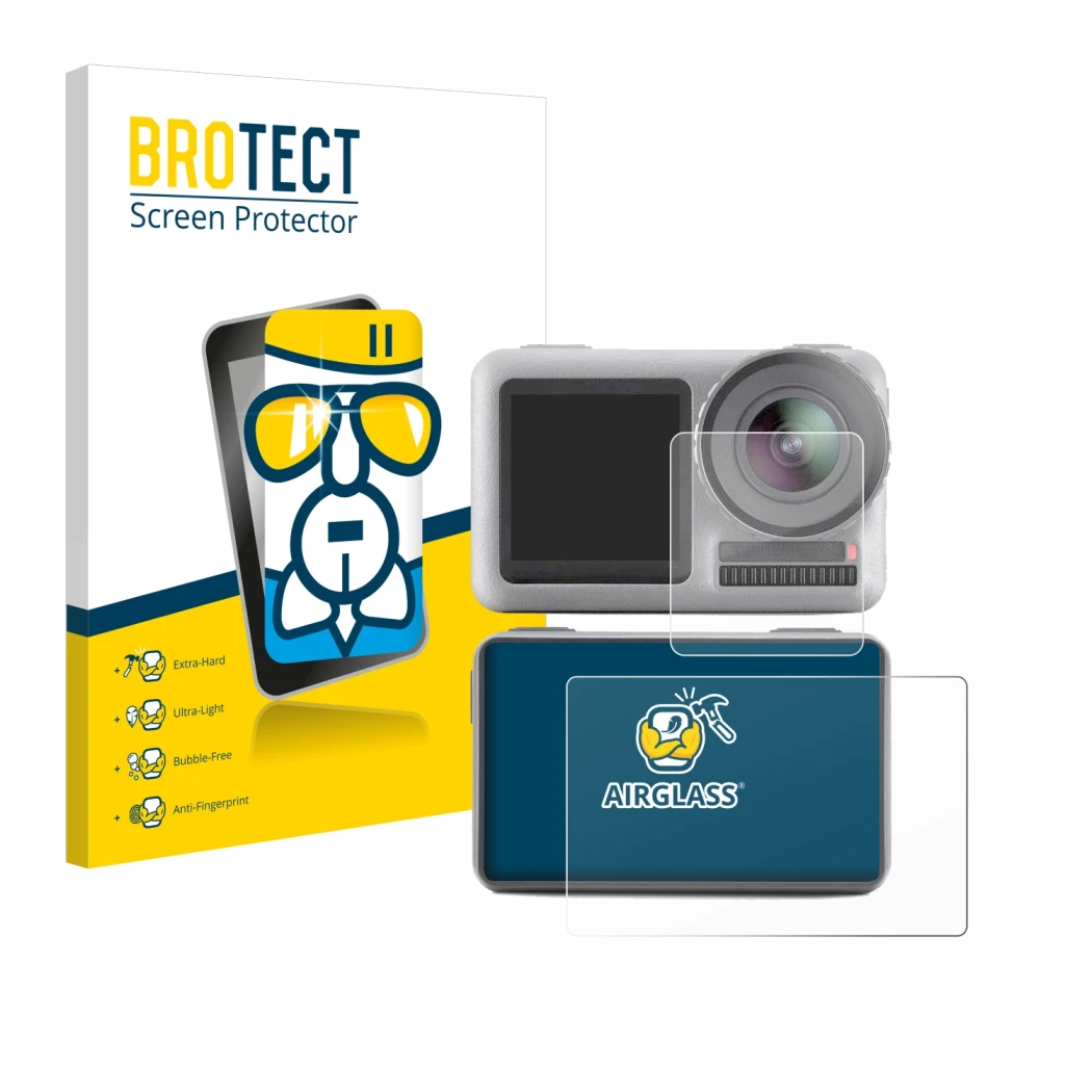 Vorderseite einer Produktverpackung mit dem Markenlogo BROTECT. Daneben ist das Gerät DJI Osmo Action mit dem zugehörigen Disp