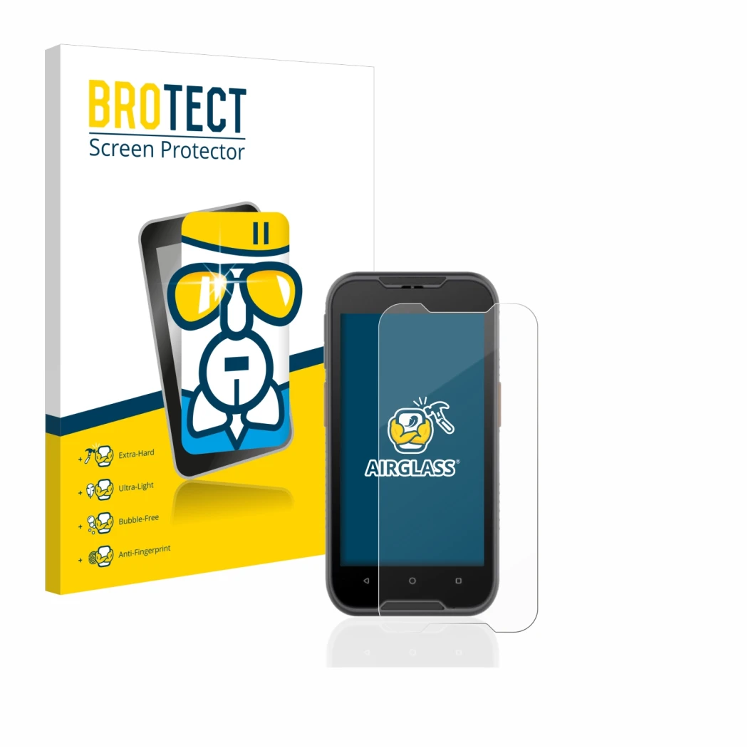 Vorderseite einer Produktverpackung mit dem Markenlogo BROTECT. Daneben ist das Gerät Datalogic Memor 10 mit dem zugehörigen D