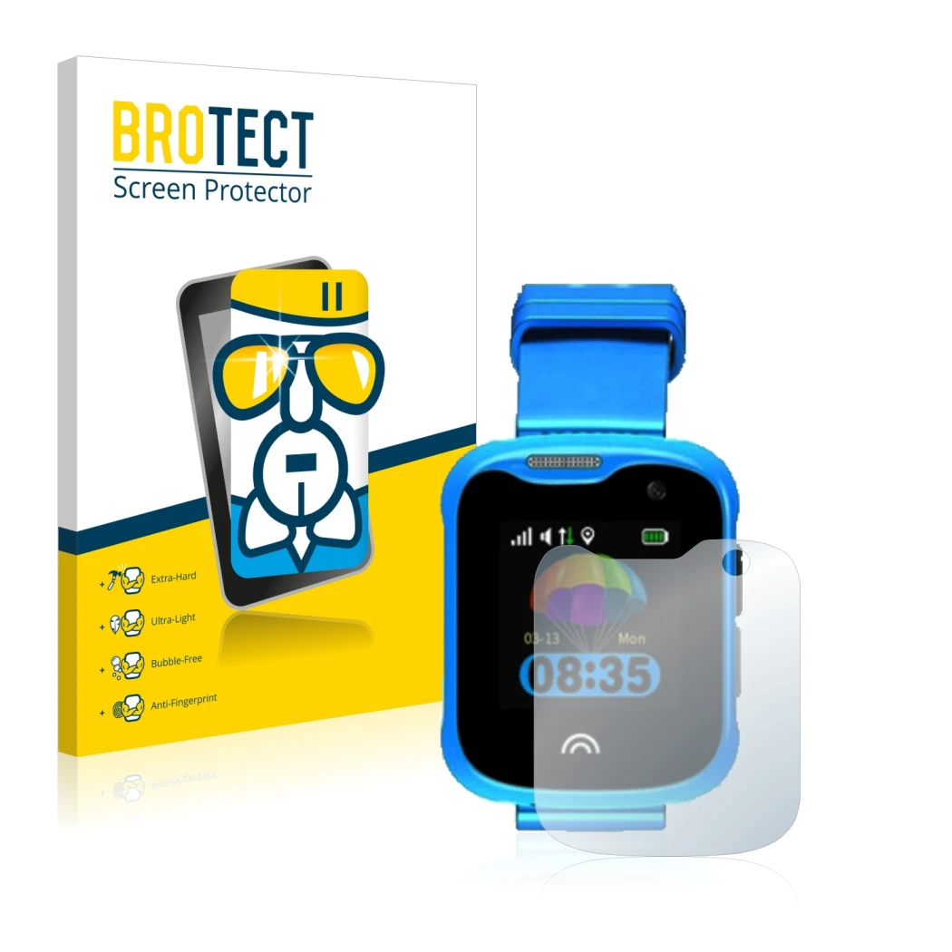 Vorderseite einer Produktverpackung mit dem Markenlogo BROTECT. Daneben ist das Gerät KiDSnav Ultra mit dem zugehörigen Displa