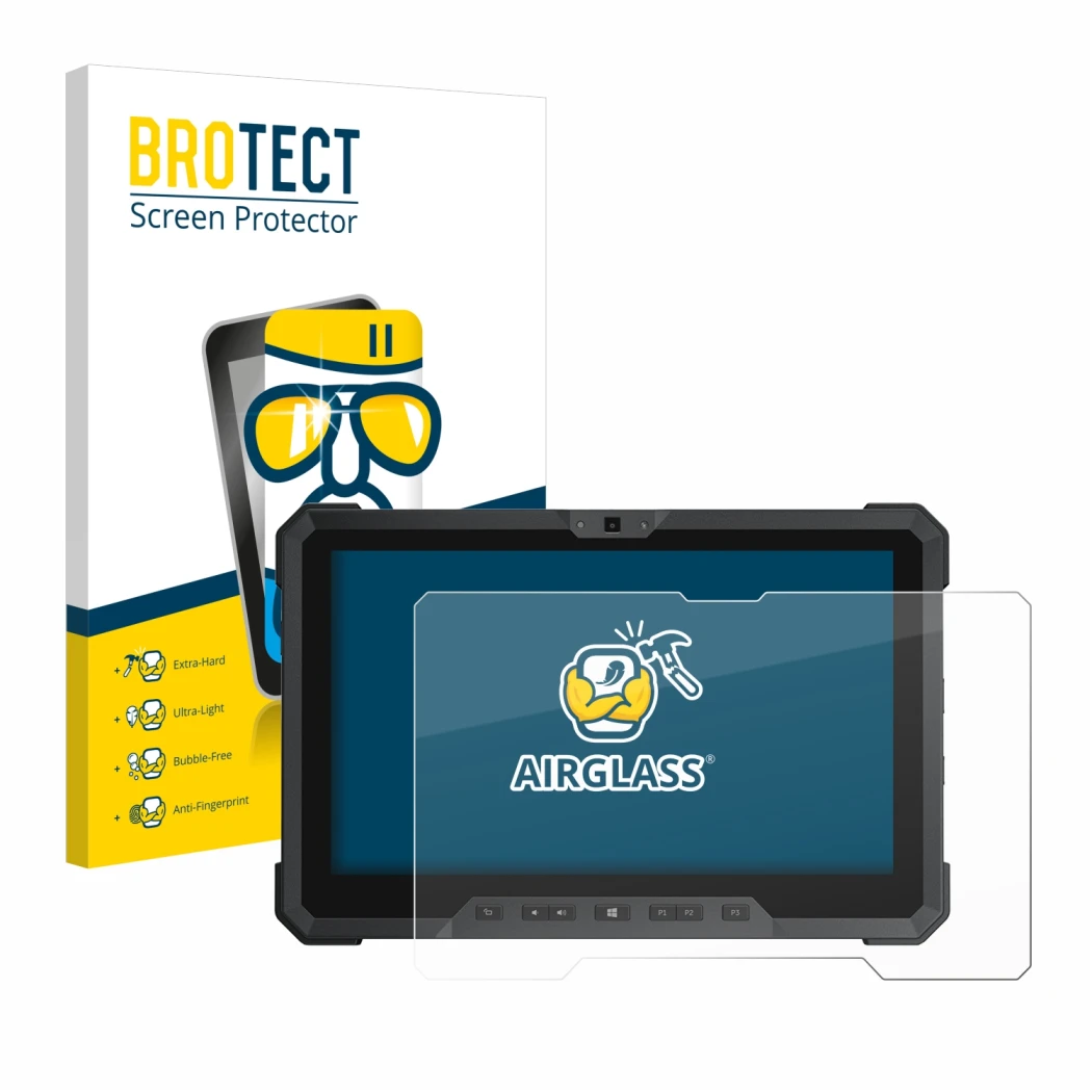 Vorderseite einer Produktverpackung mit dem Markenlogo BROTECT. Daneben ist das Gerät Dell Latitude 12 Rugged 7212 mit dem zug