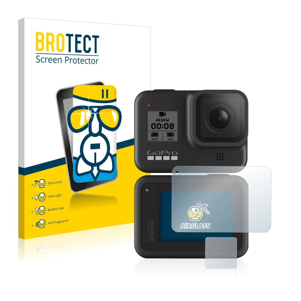 Vorderseite einer Produktverpackung mit dem Markenlogo BROTECT. Daneben ist das Gerät GoPro Hero 8 Black mit dem zugehörigen D