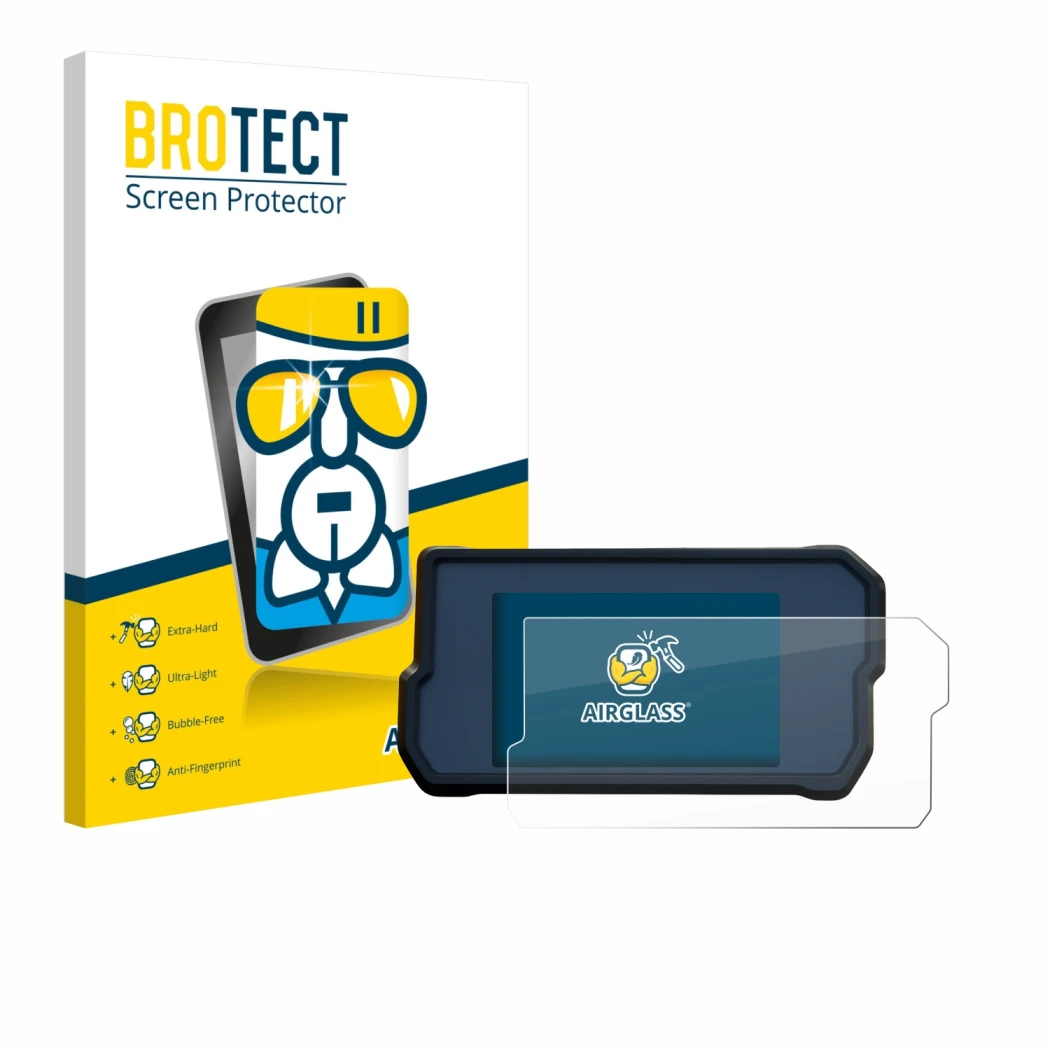 Vorderseite einer Produktverpackung mit dem Markenlogo BROTECT. Daneben ist das Gerät KTM 790 Adventure 2019+ mit dem zugehöri