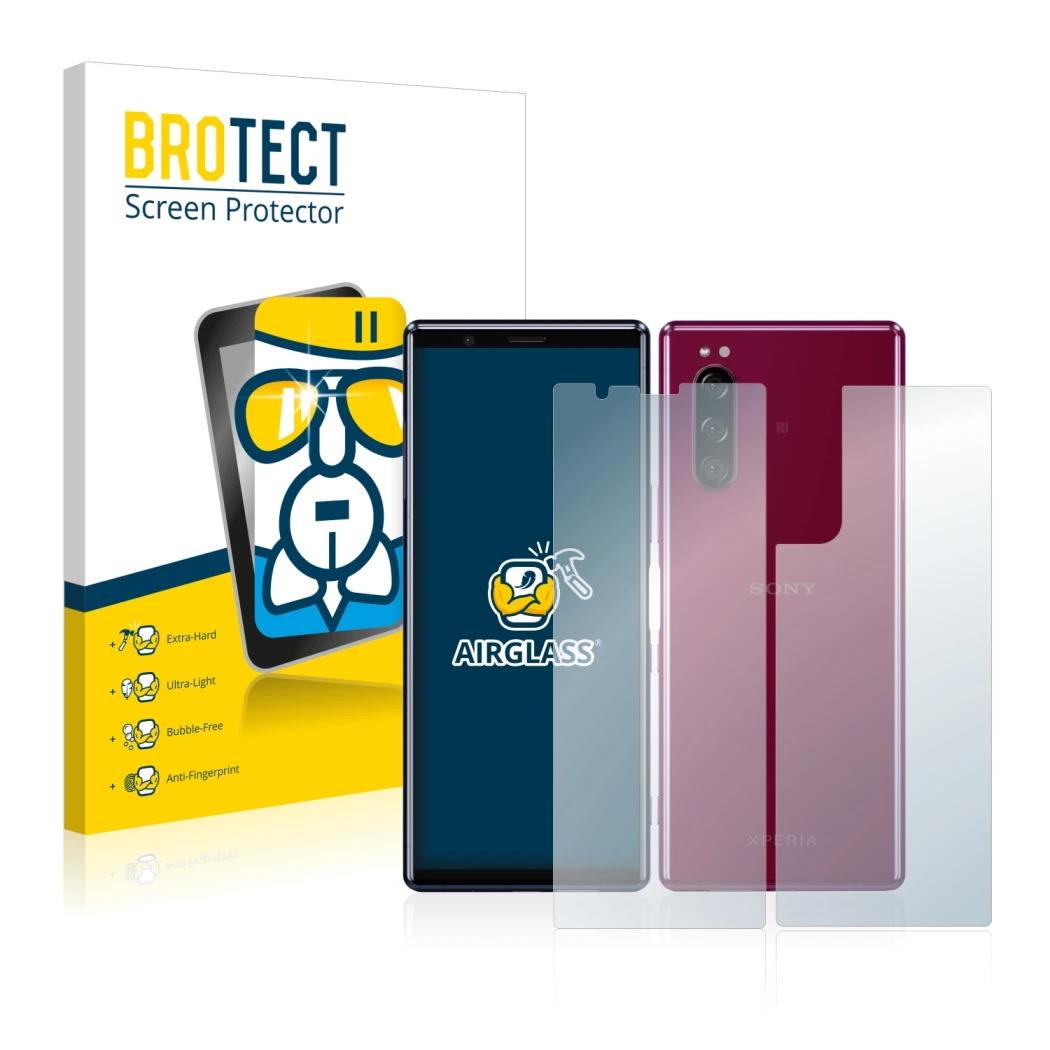 Vorderseite einer Produktverpackung mit dem Markenlogo BROTECT. Daneben ist das Gerät Sony Xperia 5 (Display+Rückseite) mit de