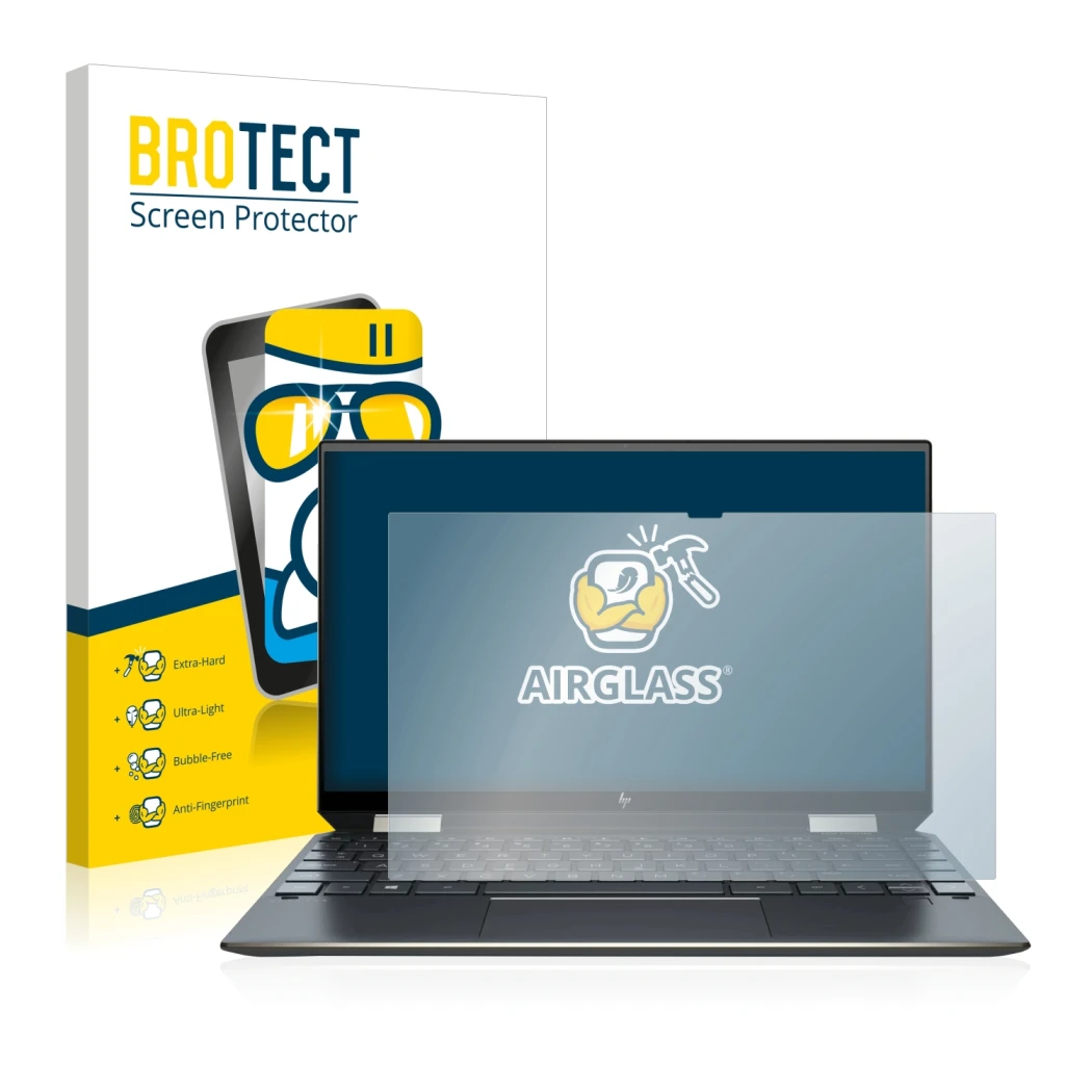 Vorderseite einer Produktverpackung mit dem Markenlogo BROTECT. Daneben ist das Gerät HP Spectre x360 13-aw0000ns mit dem zuge