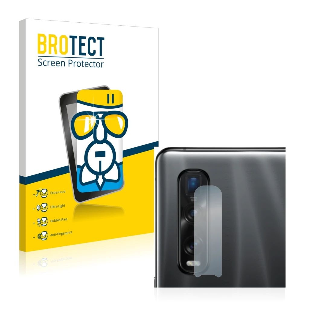 Vorderseite einer Produktverpackung mit dem Markenlogo BROTECT. Daneben ist das Gerät Oppo Find X2 Pro (NUR Kameraschutz) mit 