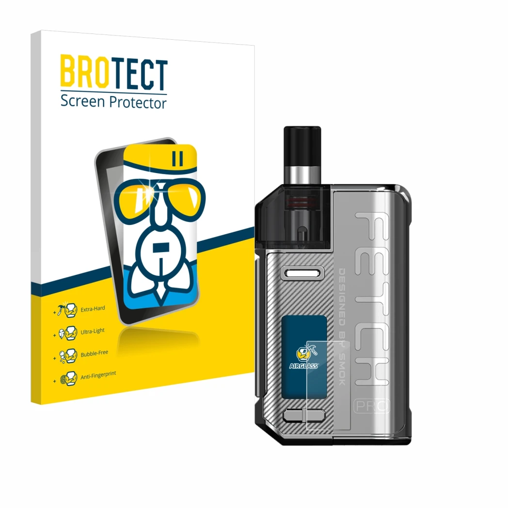 Vorderseite einer Produktverpackung mit dem Markenlogo BROTECT. Daneben ist das Gerät Smok Fetch 80W Pro mit dem zugehörigen D