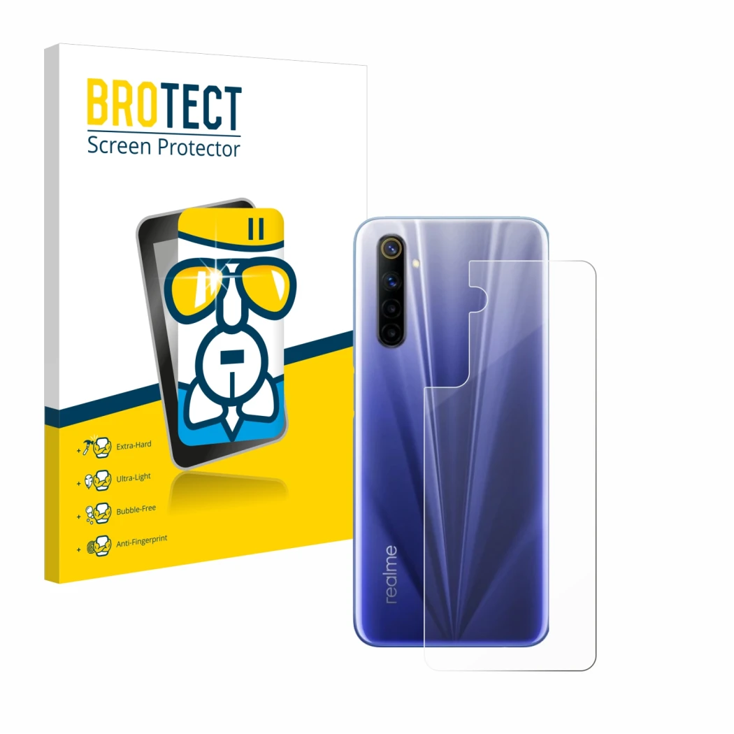 Vorderseite einer Produktverpackung mit dem Markenlogo BROTECT. Daneben ist das Gerät realme 6 (Rückseite) mit dem zugehörigen