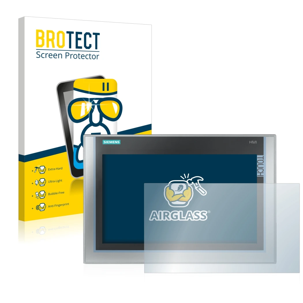 Vorderseite einer Produktverpackung mit dem Markenlogo BROTECT. Daneben ist das Gerät Siemens Simatic HMI TP 1200 Comfort Inox