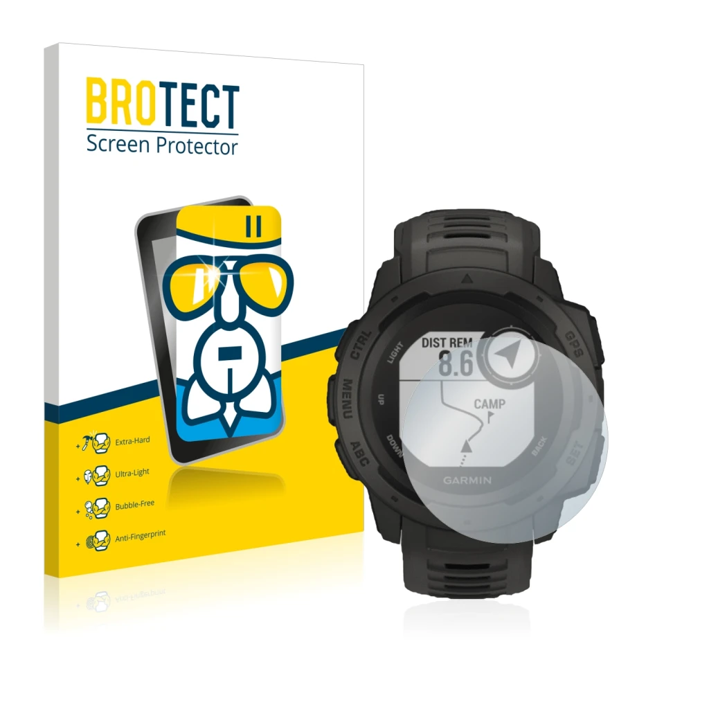 Vorderseite einer Produktverpackung mit dem Markenlogo BROTECT. Daneben ist das Gerät Garmin Instinct Solar mit dem zugehörige